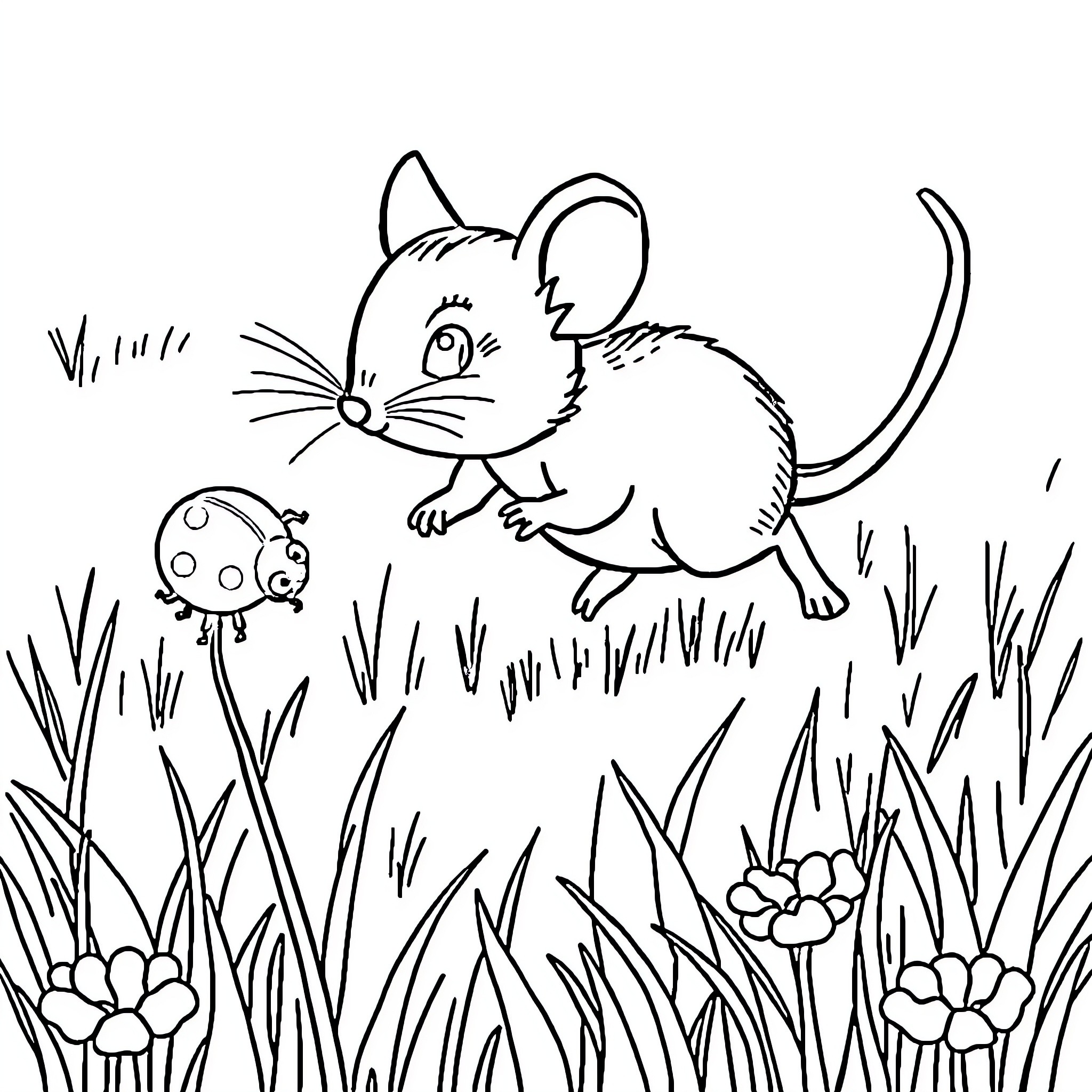 Mouse chasing ladybug in grassy field Coloring Page (free black-and-white line drawing printable PDF for all, from beginners to advanced learners, including children, teens, adults, and seniors)