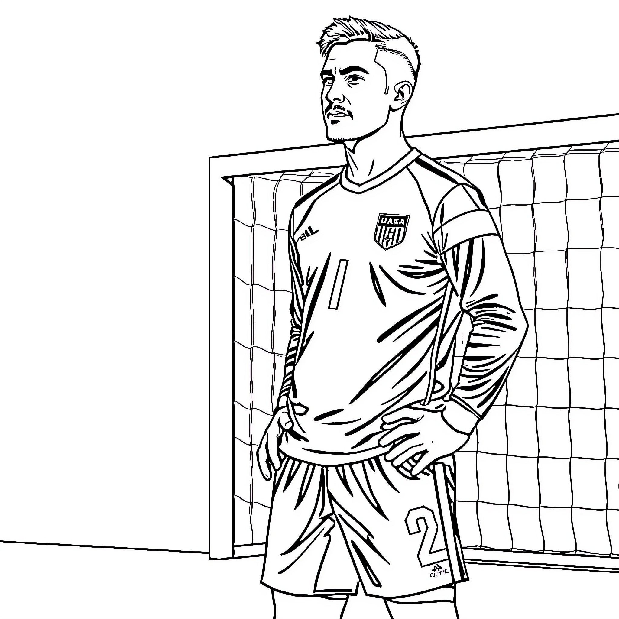Goalkeeper in sports uniform standing near goal post Coloring Page (free black-and-white line drawing printable PDF for all, from beginners to advanced learners, including children, teens, adults, and seniors)