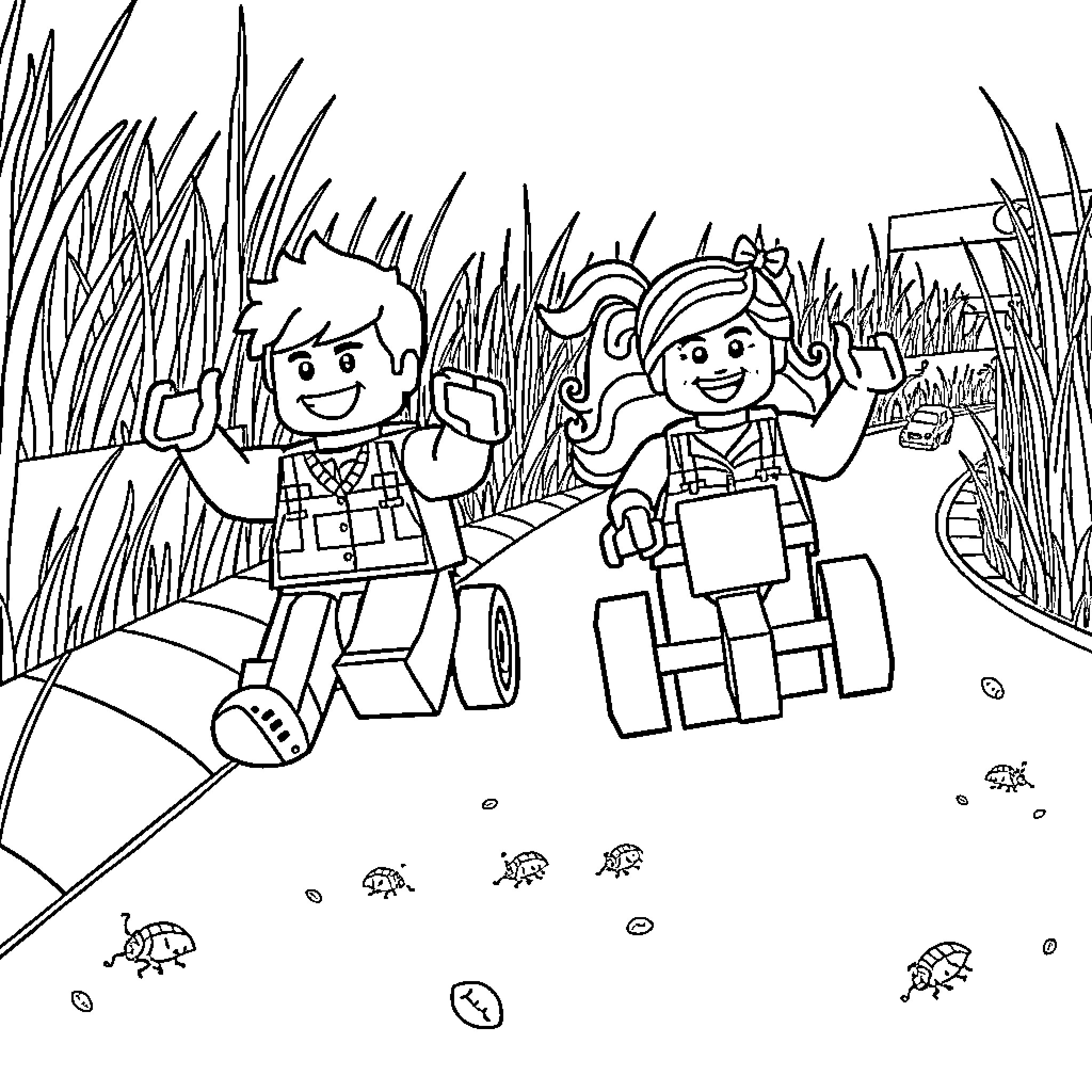 Lego characters exploring the outdoors Coloring Page (free black-and-white line drawing printable PDF for all, from beginners to advanced learners, including children, teens, adults, and seniors)