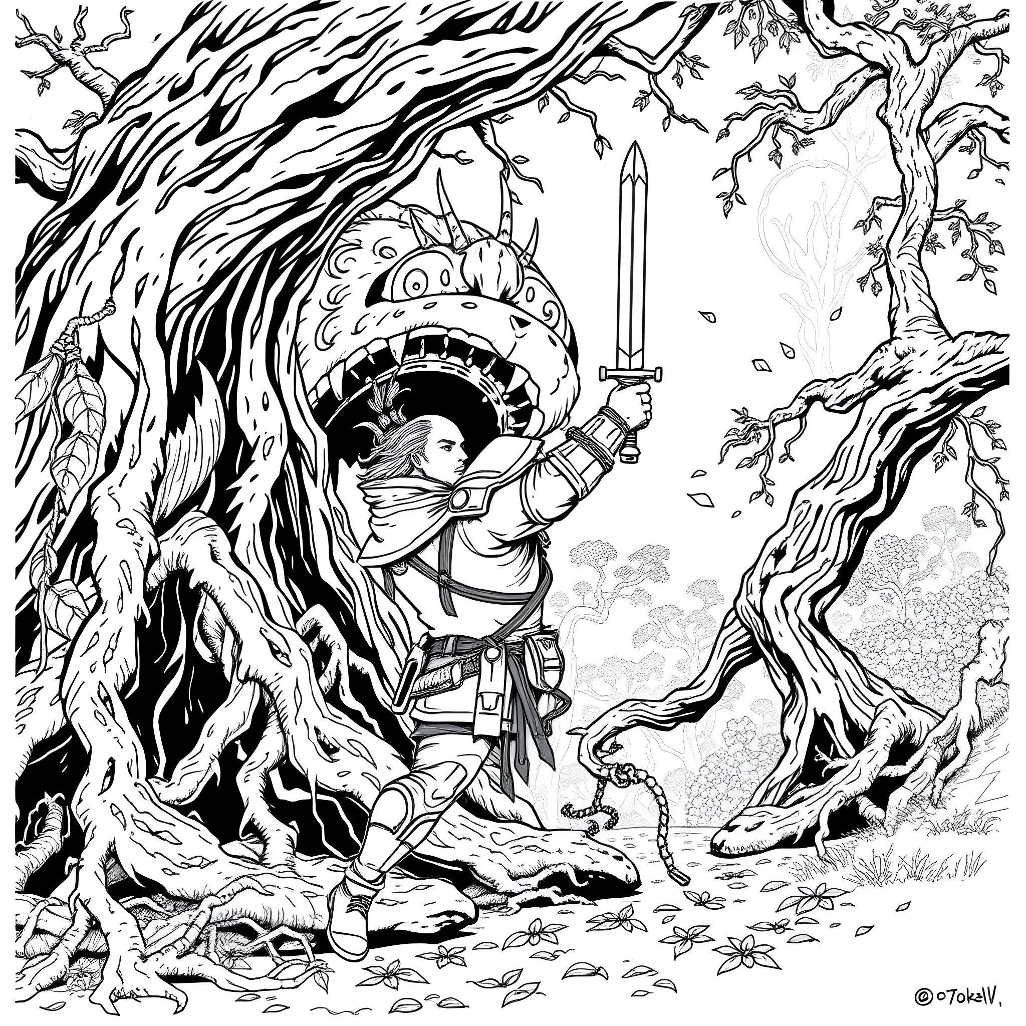 Geralt facing a monstrous creature in a dark forest Coloring Page (free black-and-white line drawing printable PDF for all, from beginners to advanced learners, including children, teens, adults, and seniors)