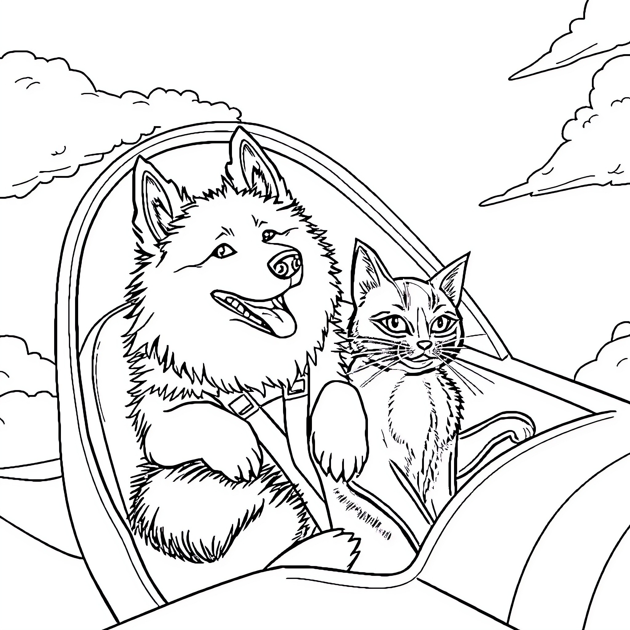 American Eskimo Dog and Cat Relaxing in Nature Coloring Page (free black-and-white line drawing printable PDF for all, from beginners to advanced learners, including children, teens, adults, and seniors)