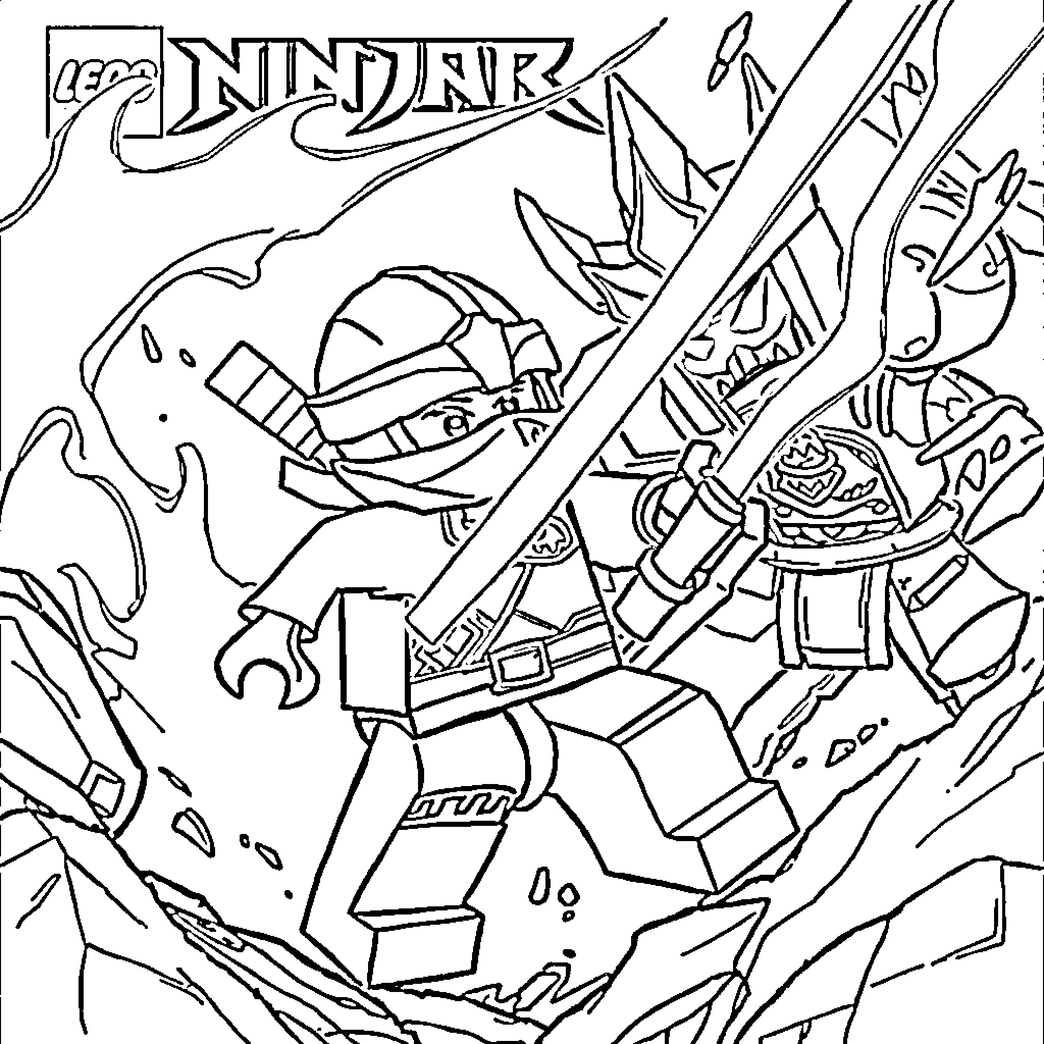Jay battles a fierce enemy with his sword and shield Coloring Page (free black-and-white line drawing printable PDF for all, from beginners to advanced learners, including children, teens, adults, and seniors)