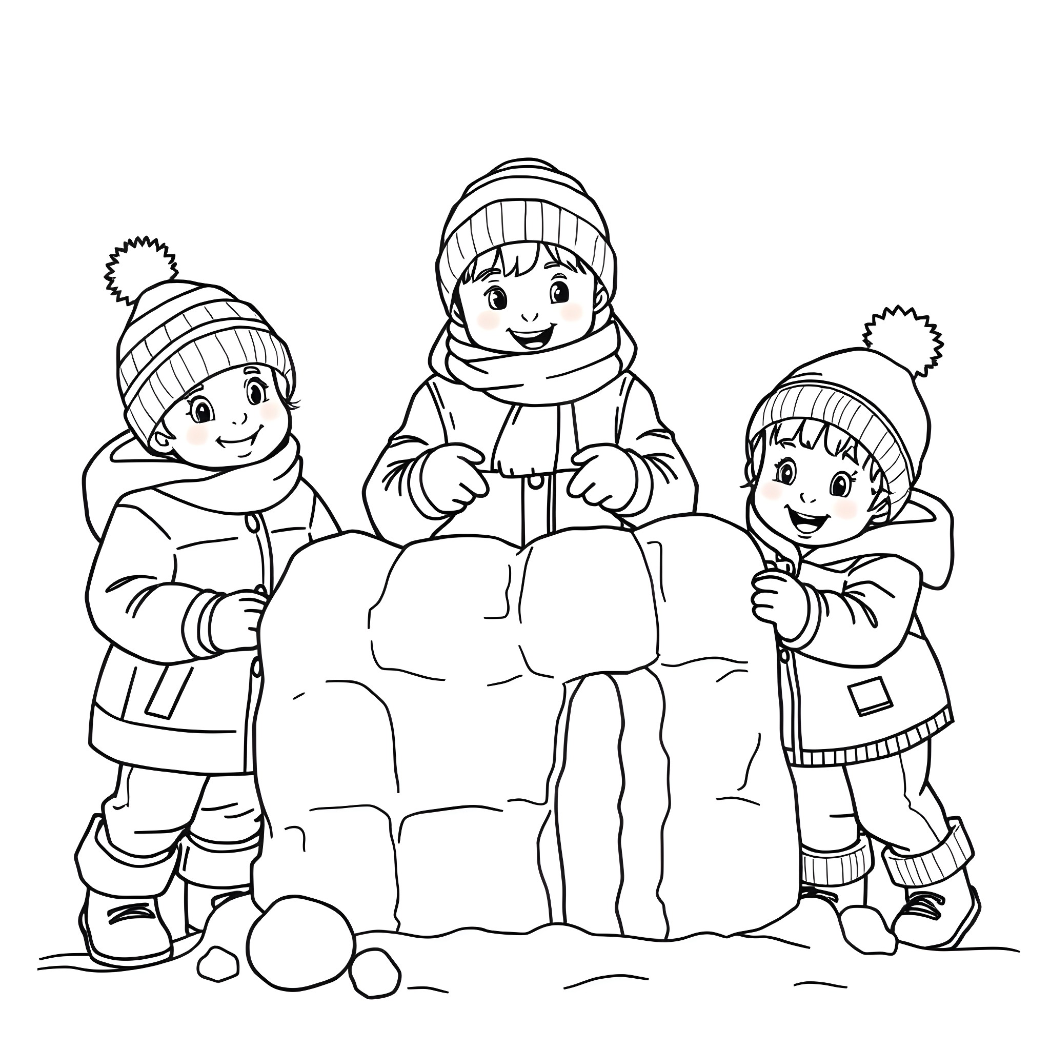 Kids build a snowman on a winter day Coloring Page (free black-and-white line drawing printable PDF for all, from beginners to advanced learners, including children, teens, adults, and seniors)