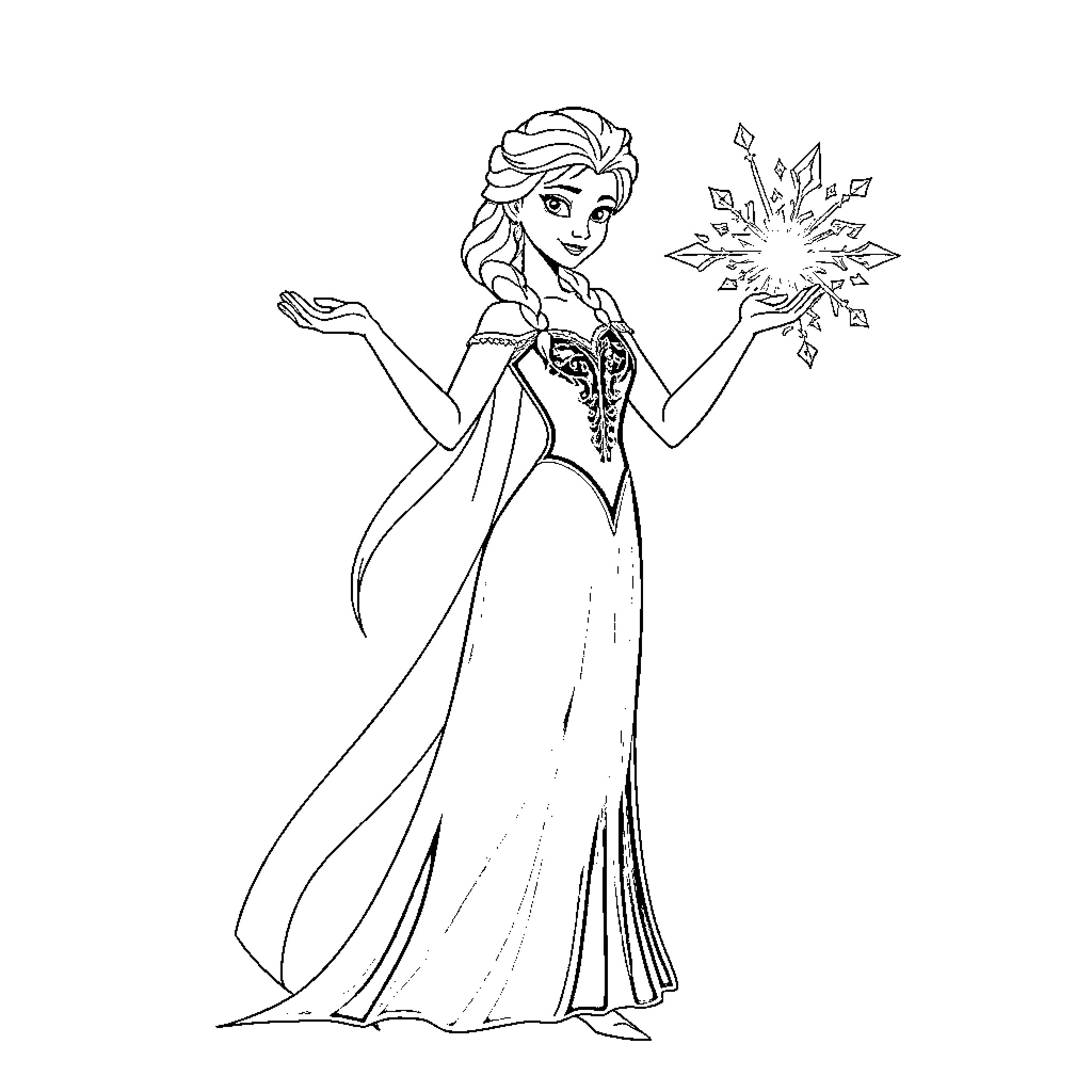 Elsa performing magical ice powers in royal dress Coloring Page (free black-and-white line drawing printable PDF for all, from beginners to advanced learners, including children, teens, adults, and seniors)