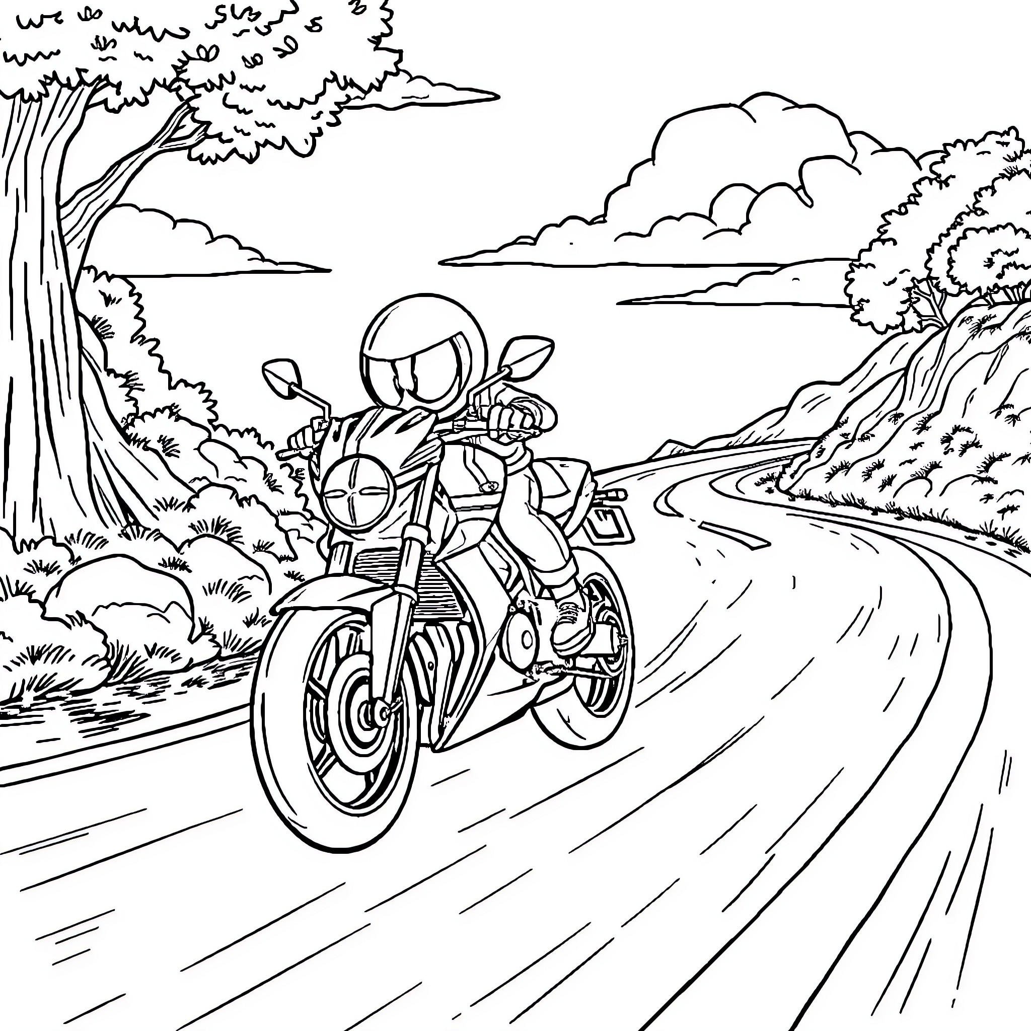 Baboosh on the Open Road Coloring Page (free black-and-white line drawing printable PDF for all, from beginners to advanced learners, including children, teens, adults, and seniors)