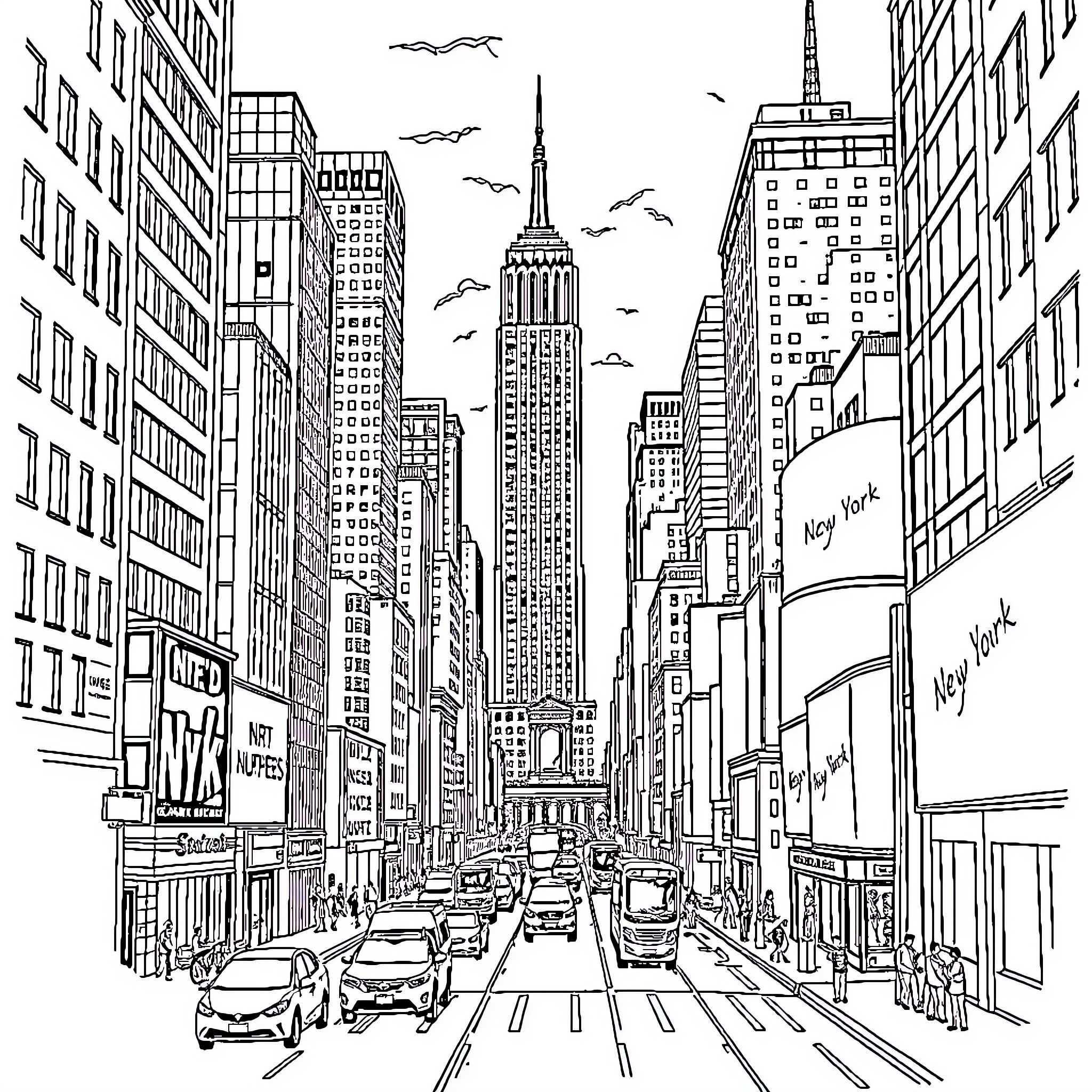 New York City Skyline with Bustling Street Scene Coloring Page (free black-and-white line drawing printable PDF for all, from beginners to advanced learners, including children, teens, adults, and seniors)