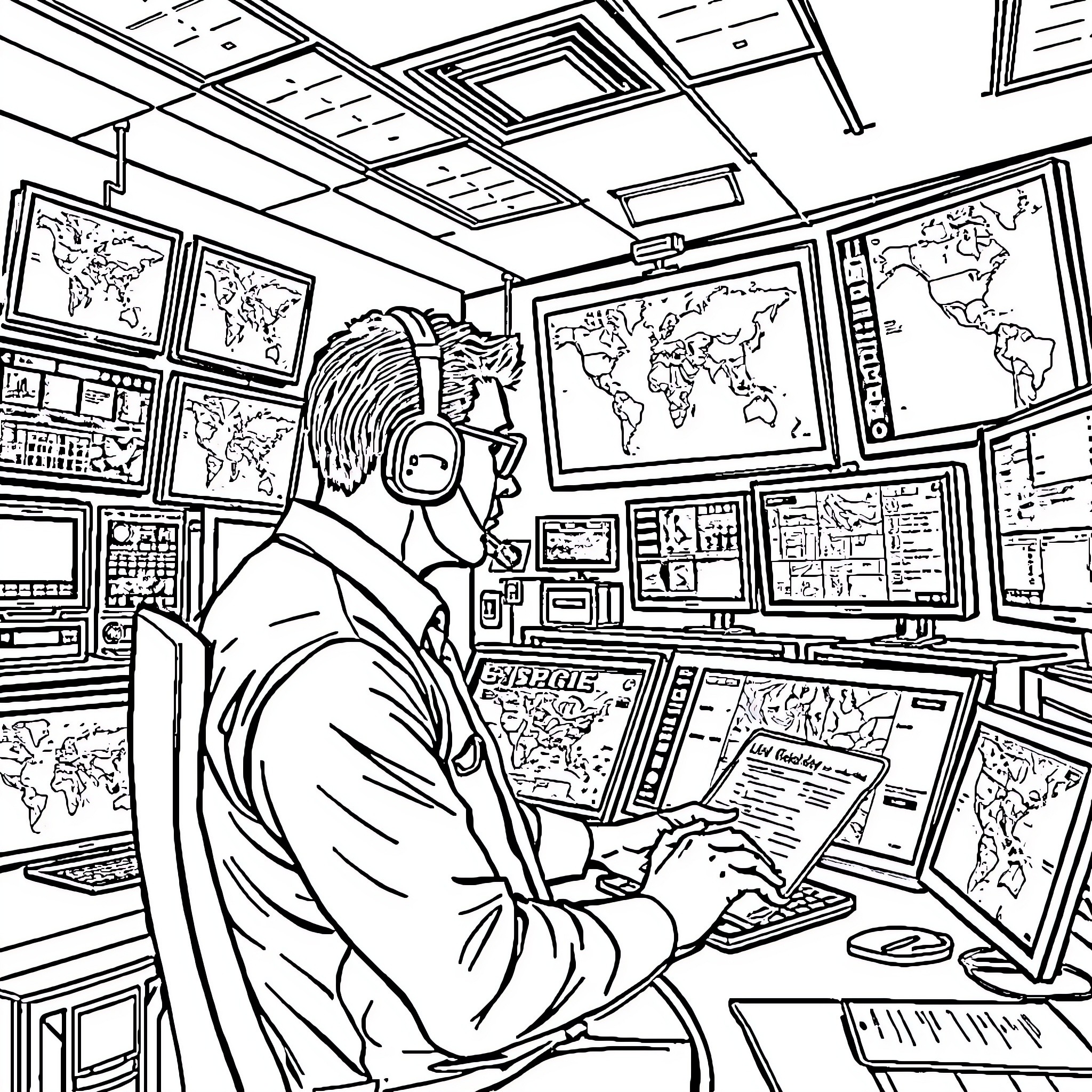 Emergency Manager Monitoring Crisis Situation in Command Center Coloring Page (free black-and-white line drawing printable PDF for all, from beginners to advanced learners, including children, teens, adults, and seniors)