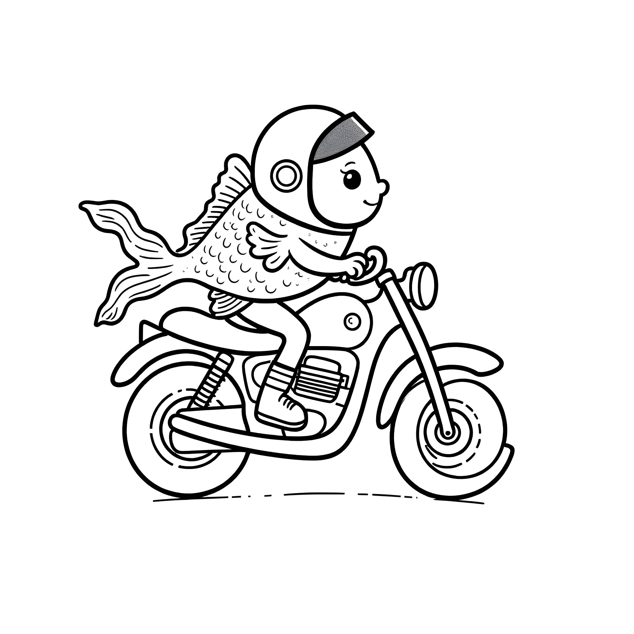 Goldfish riding a motorcycle Coloring Page (free black-and-white line drawing printable PDF for all, from beginners to advanced learners, including children, teens, adults, and seniors)