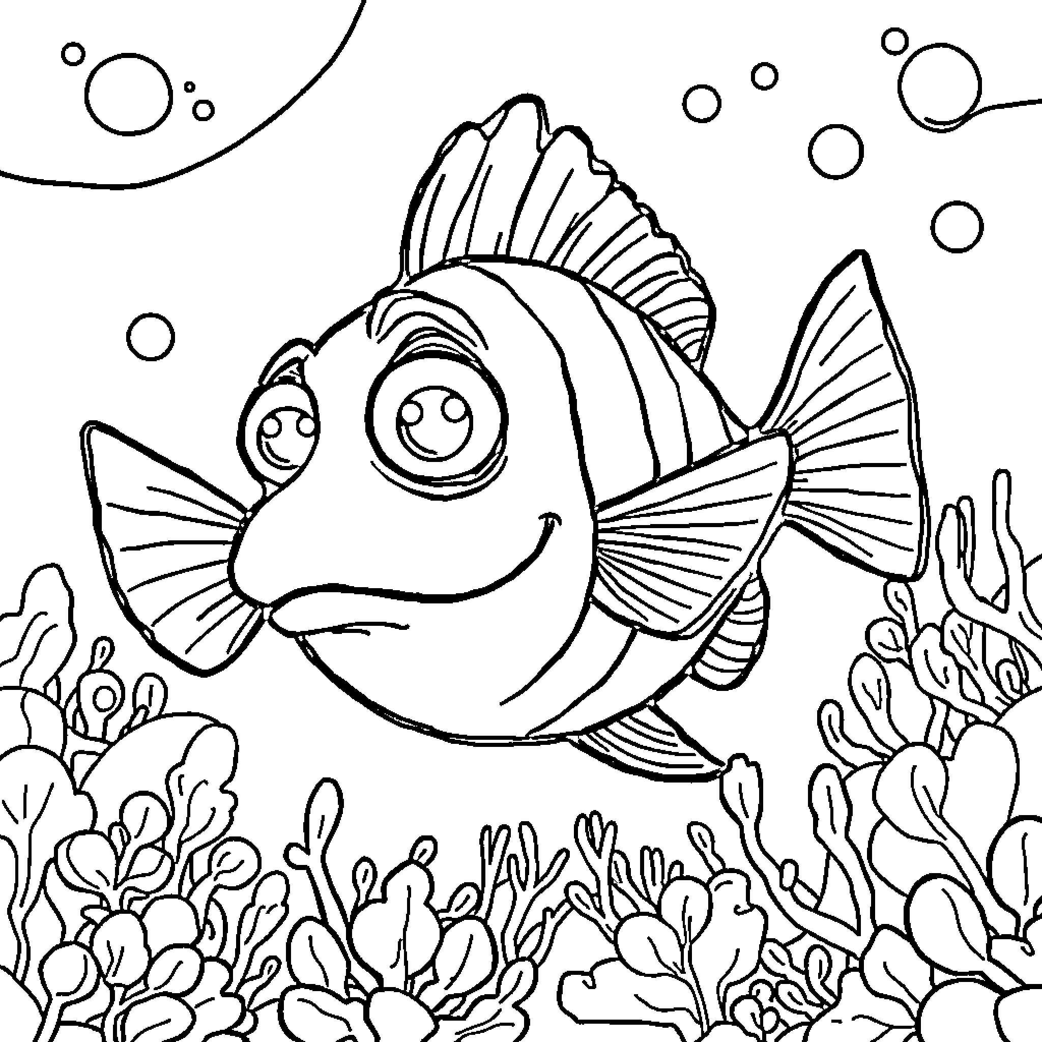 Dork Fish swimming playfully in the ocean Coloring Page (free black-and-white line drawing printable PDF for all, from beginners to advanced learners, including children, teens, adults, and seniors)
