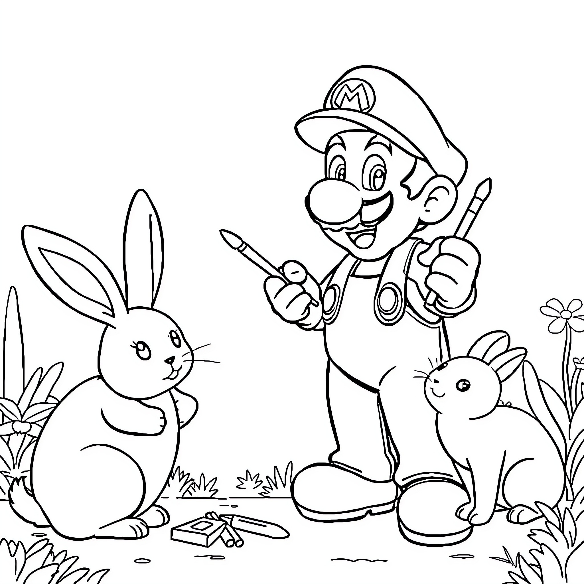 Super Mario assisting friendly bunnies in the garden Coloring Page (free black-and-white line drawing printable PDF for all, from beginners to advanced learners, including children, teens, adults, and seniors)