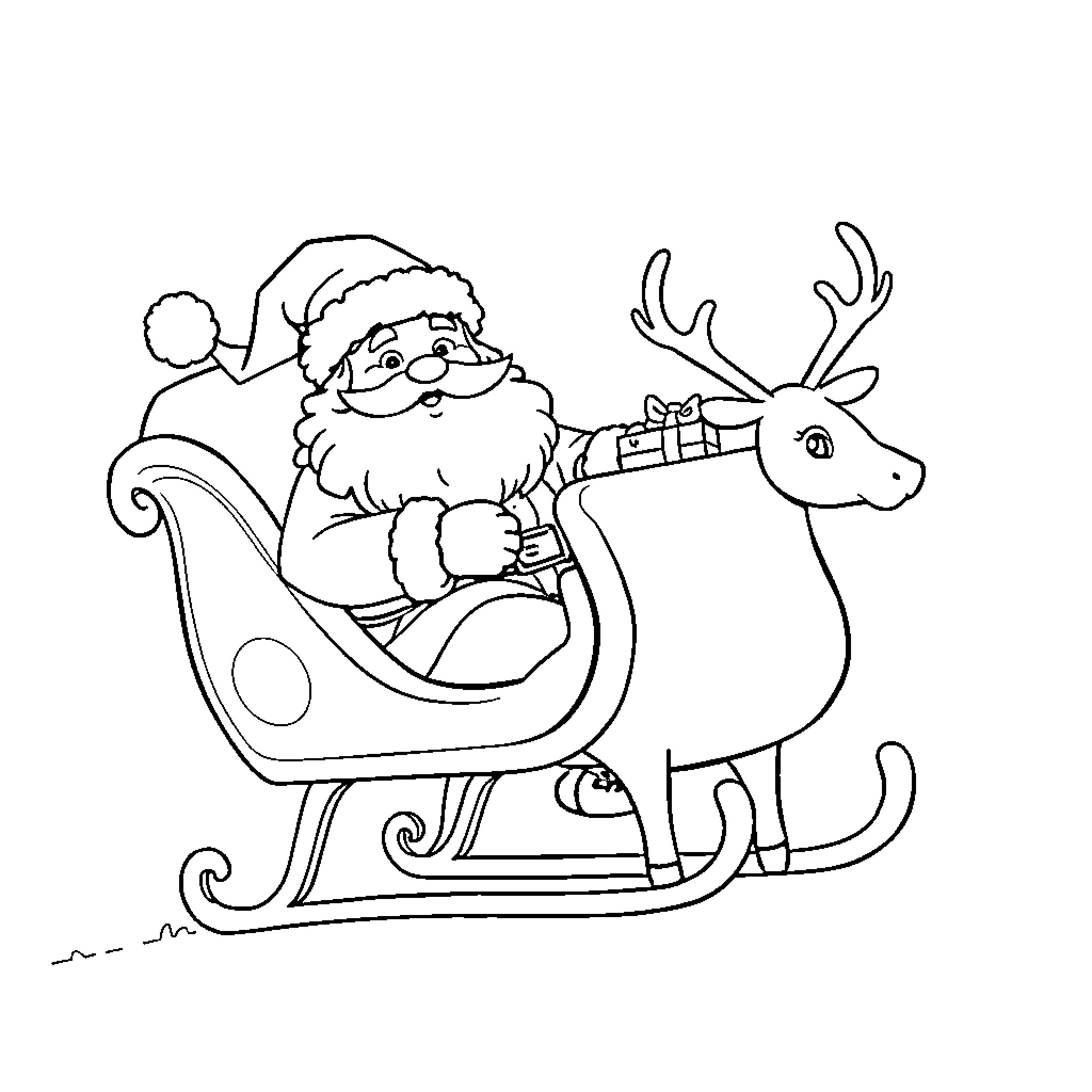 Santa riding his sleigh with a reindeer Coloring Page (free black-and-white line drawing printable PDF for all, from beginners to advanced learners, including children, teens, adults, and seniors)