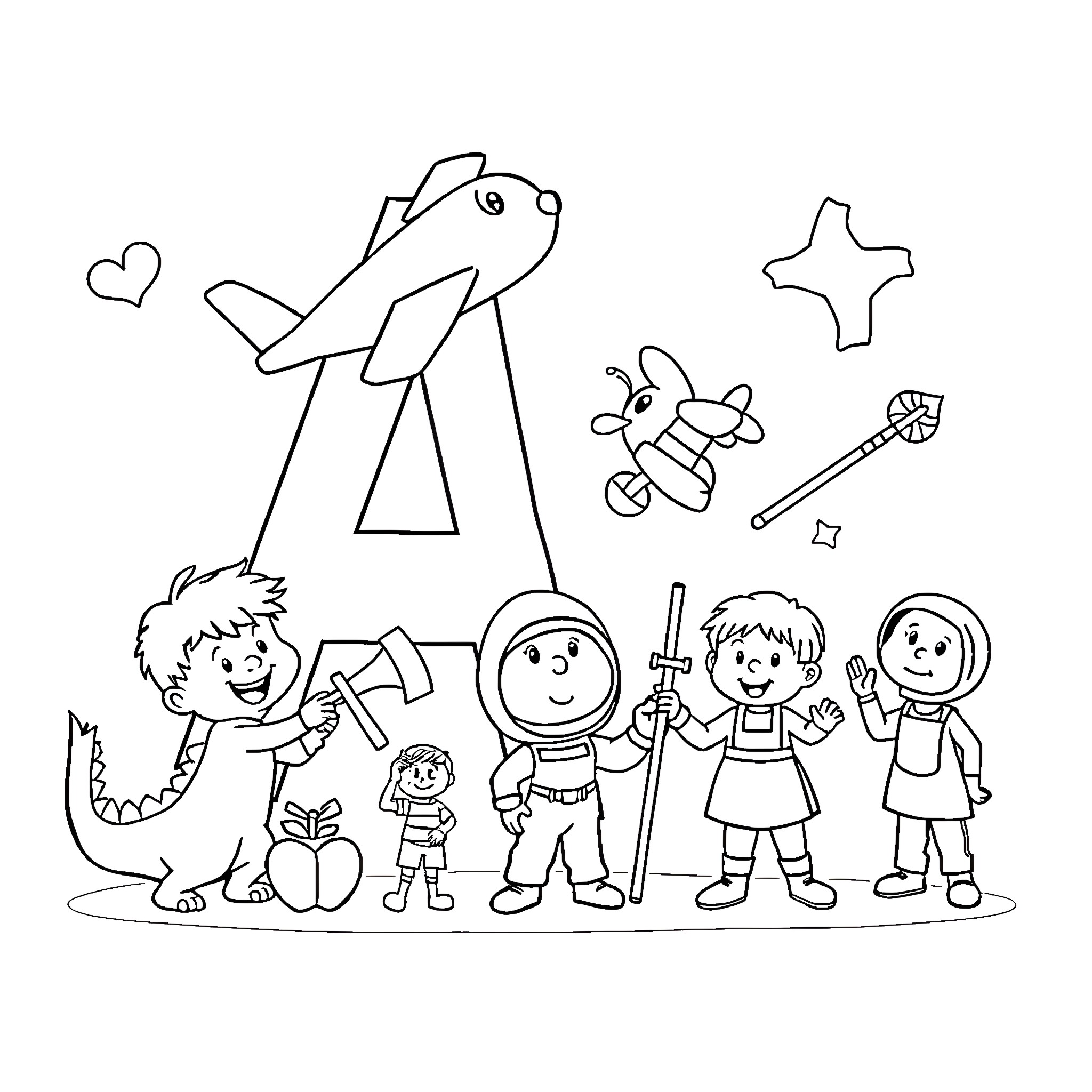 A Objects with Kids and Playful Creatures Coloring Page (free black-and-white line drawing printable PDF for all, from beginners to advanced learners, including children, teens, adults, and seniors)