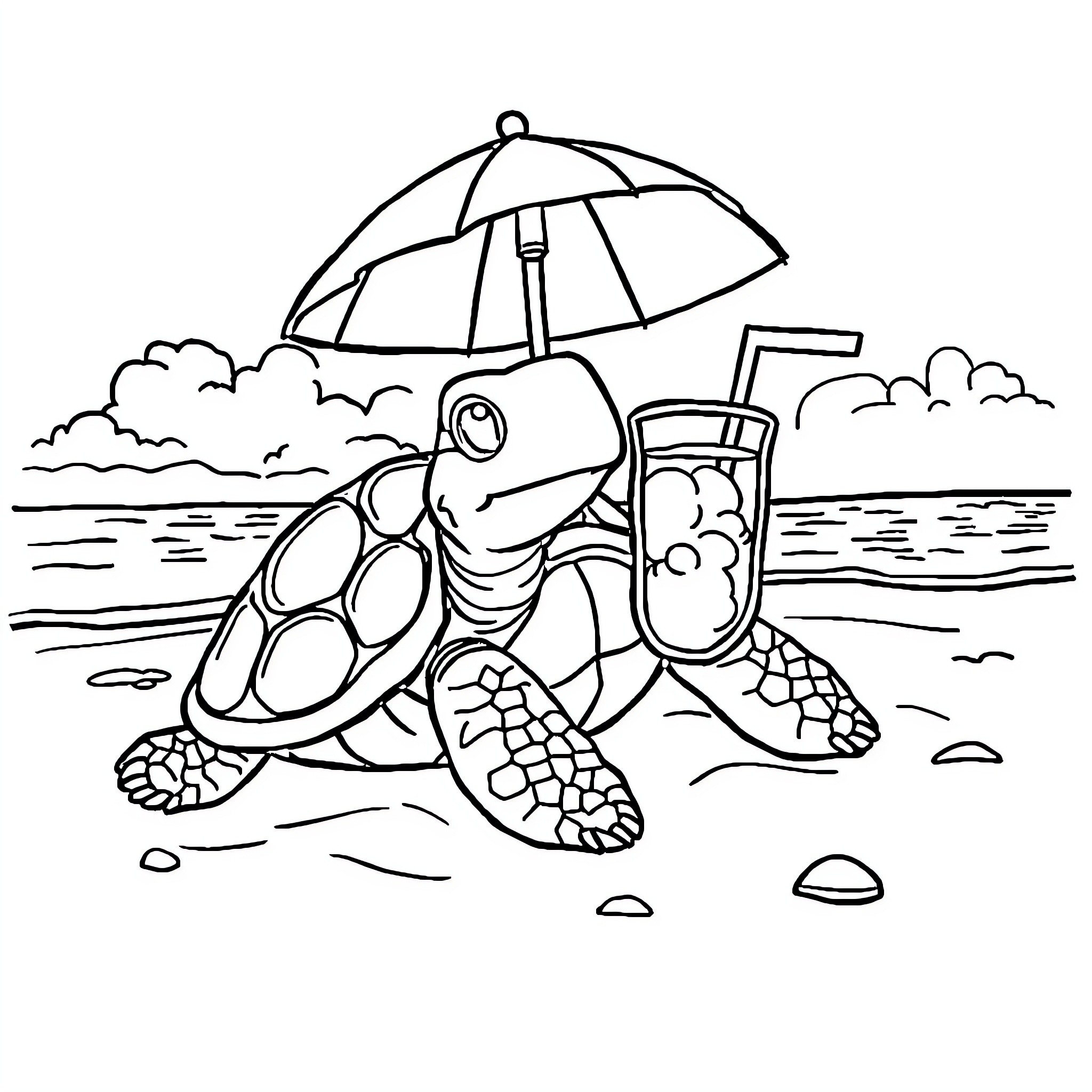 Turtle relaxing at the beach with an umbrella Coloring Page (free black-and-white line drawing printable PDF for all, from beginners to advanced learners, including children, teens, adults, and seniors)