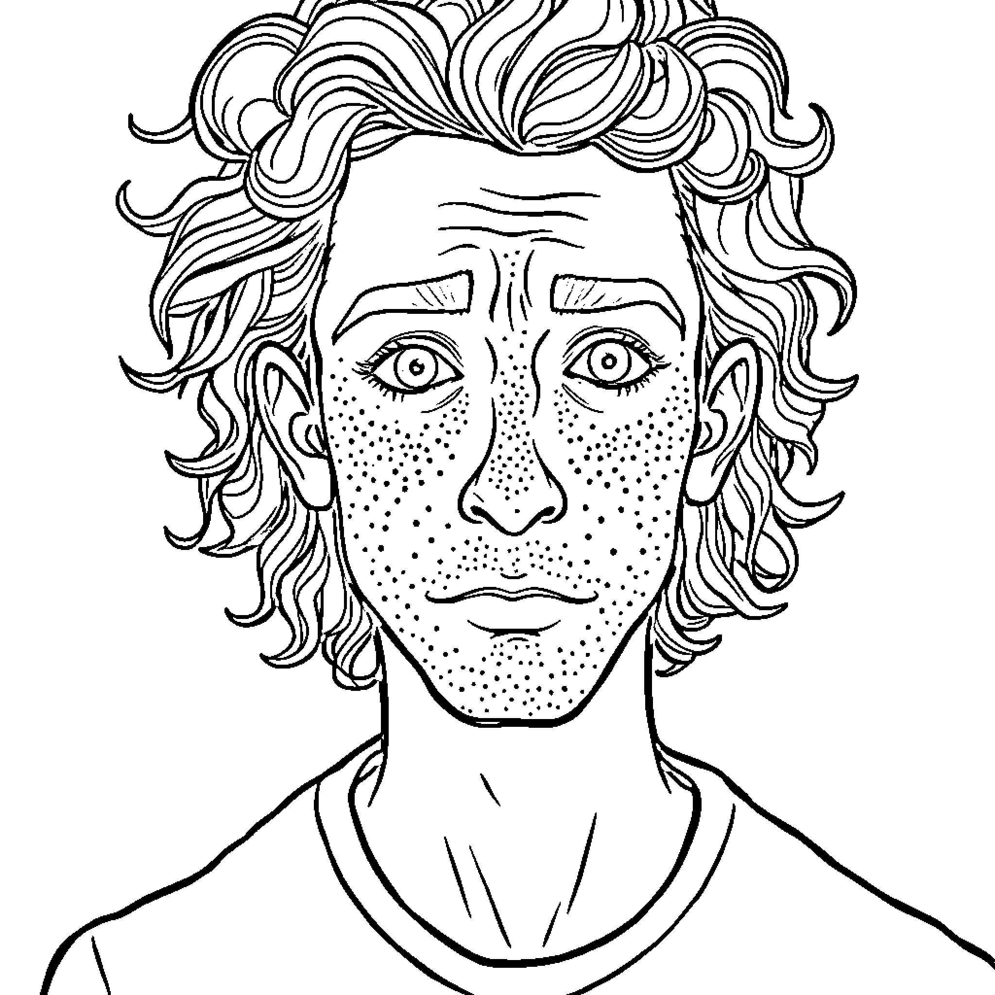 Boyfriend with Curly Hair and Freckled Face Coloring Page (free black-and-white line drawing printable PDF for all, from beginners to advanced learners, including children, teens, adults, and seniors)