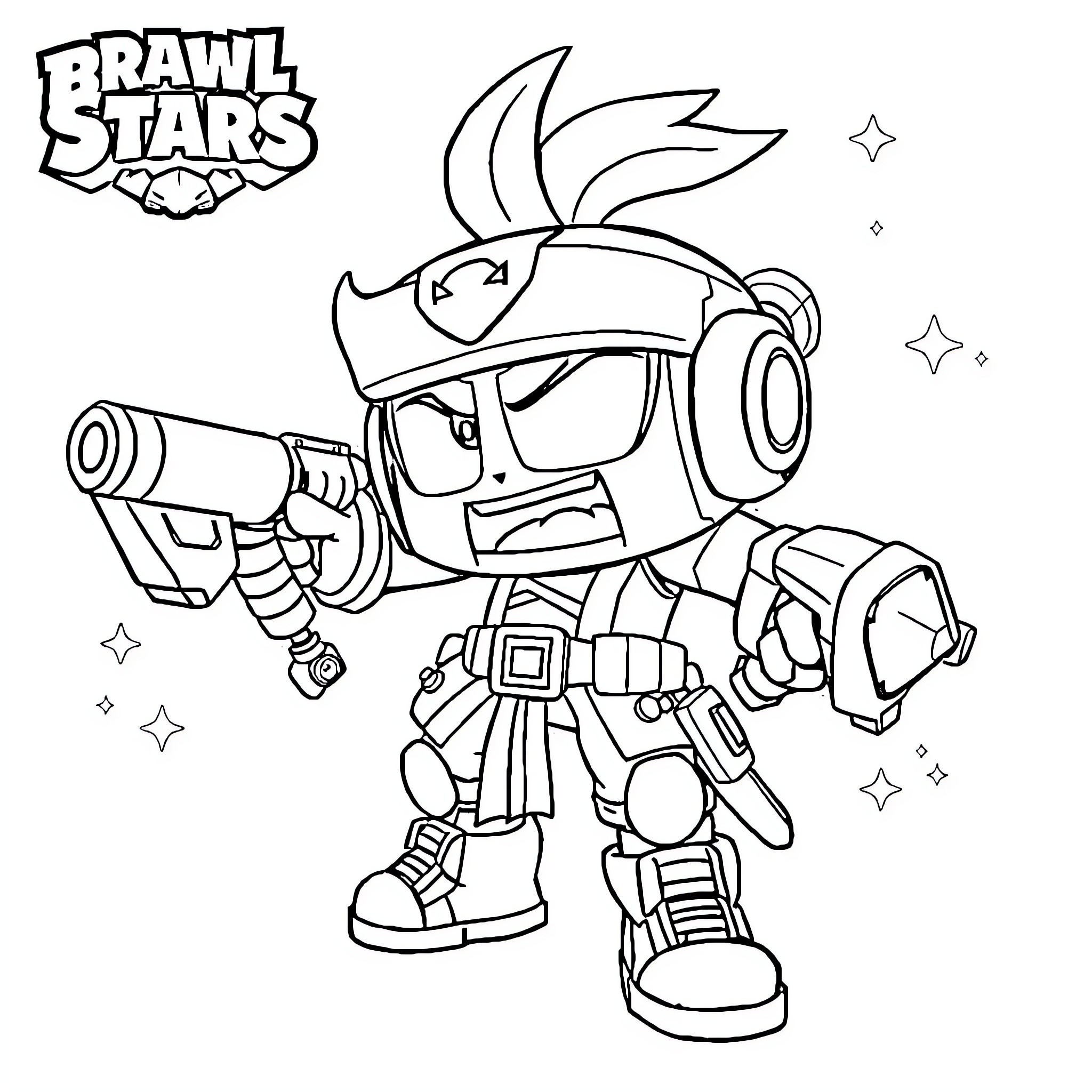 Brawl Stars Character Wielding Futuristic Blaster Coloring Page (free black-and-white line drawing printable PDF for all, from beginners to advanced learners, including children, teens, adults, and seniors)