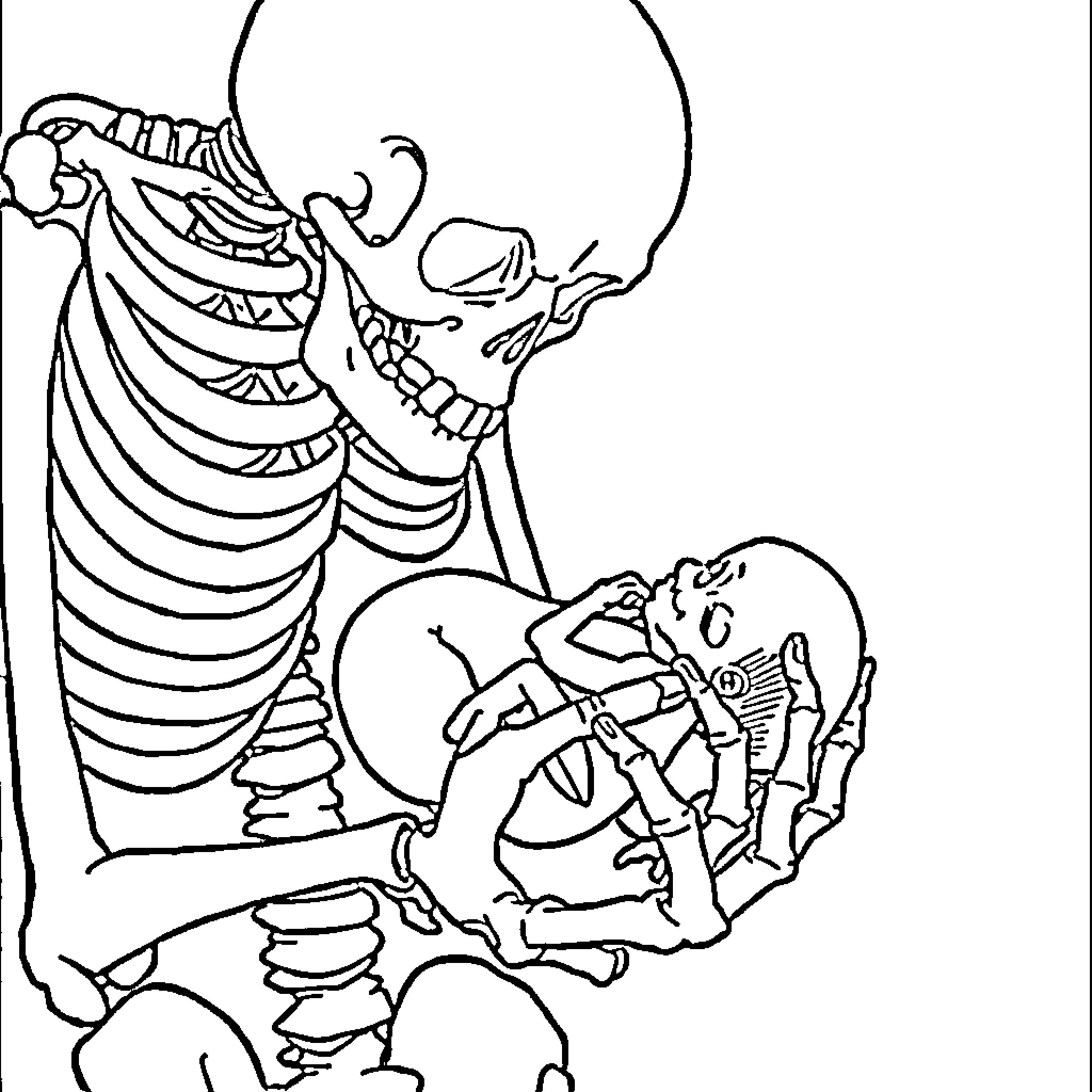 Skeleton figures in a macabre embrace Coloring Page (free black-and-white line drawing printable PDF for all, from beginners to advanced learners, including children, teens, adults, and seniors)