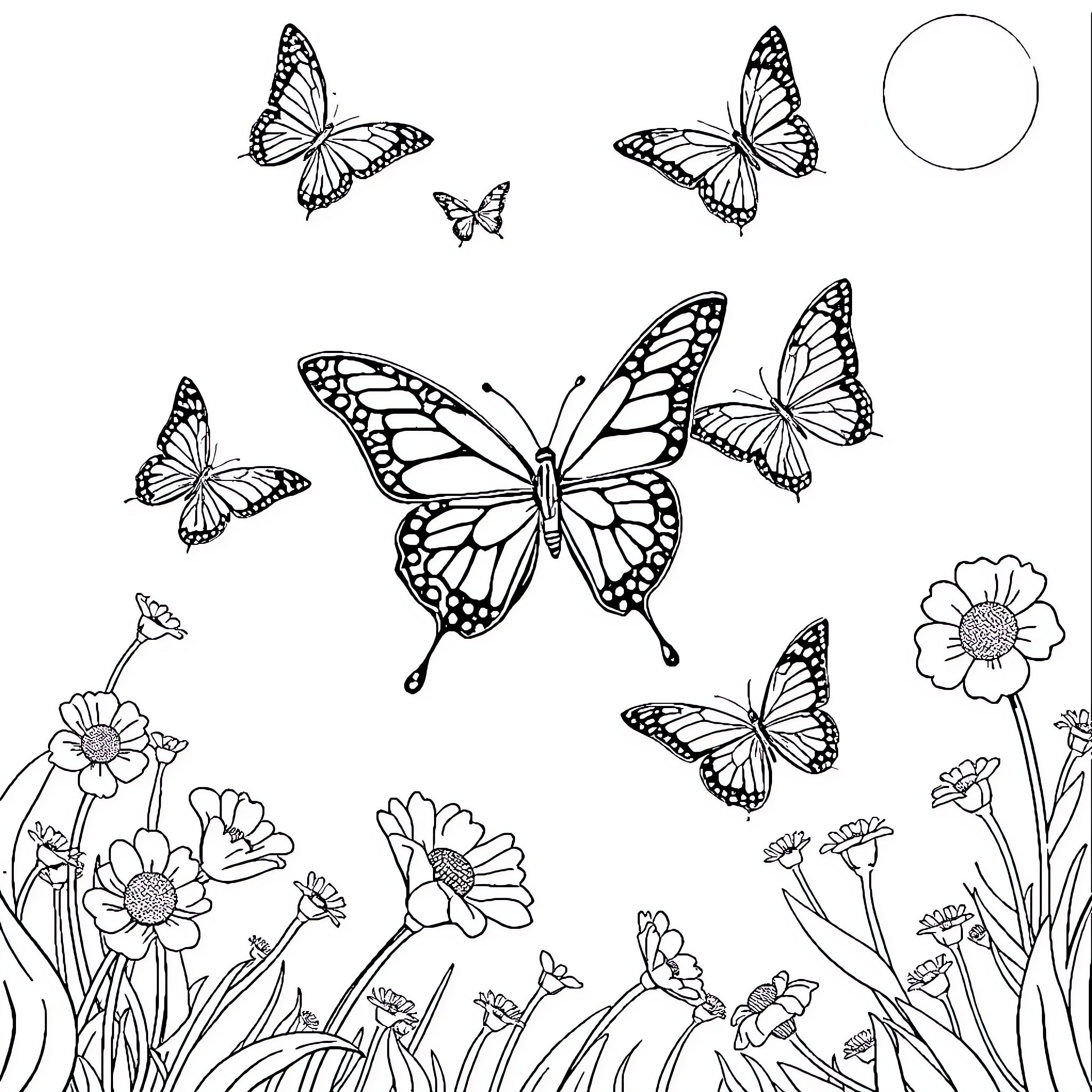Butterfly Garden with Fluttering Butterflies Coloring Page (free black-and-white line drawing printable PDF for all, from beginners to advanced learners, including children, teens, adults, and seniors)