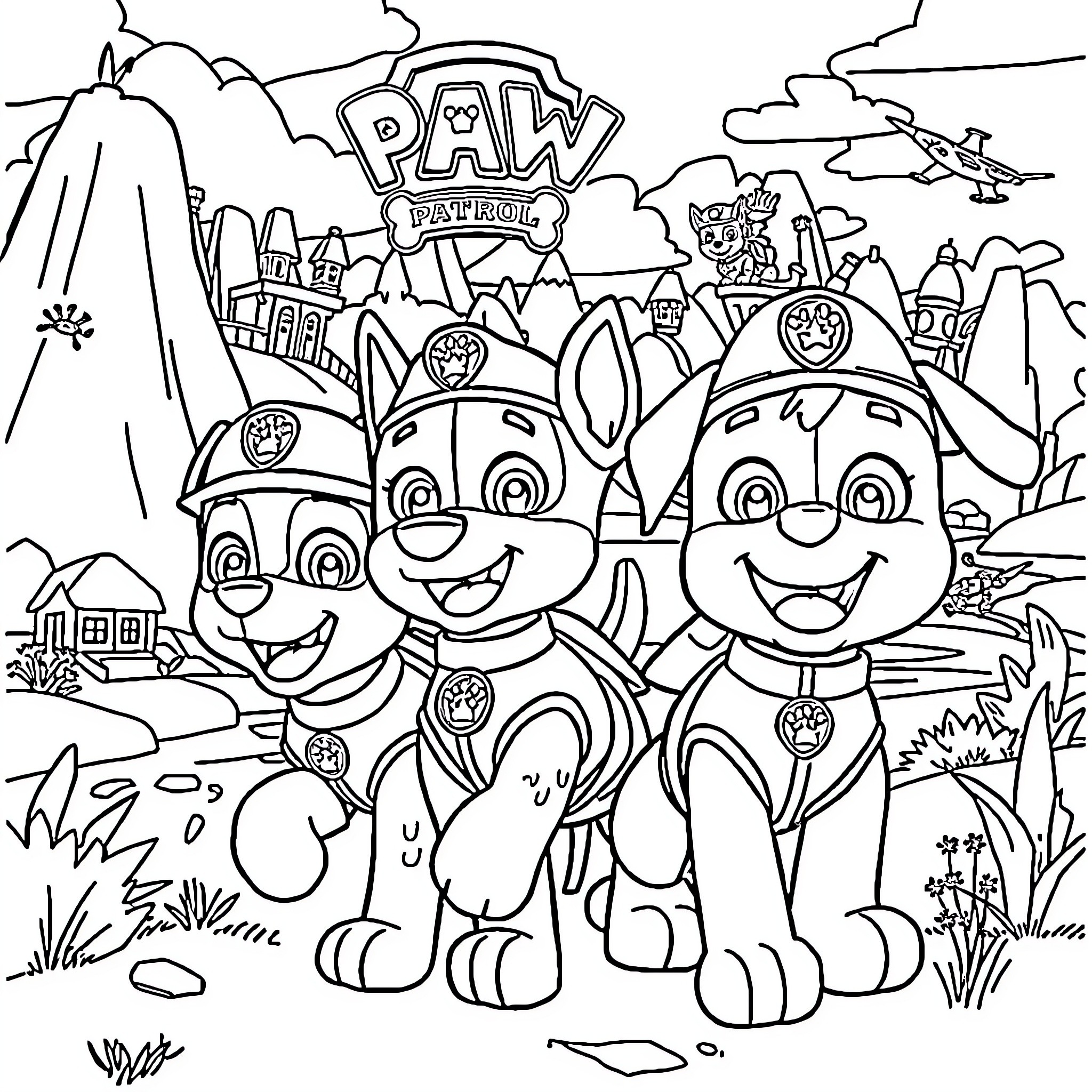 Paw Patrol characters in an outdoor adventure scene Coloring Page (free black-and-white line drawing printable PDF for all, from beginners to advanced learners, including children, teens, adults, and seniors)