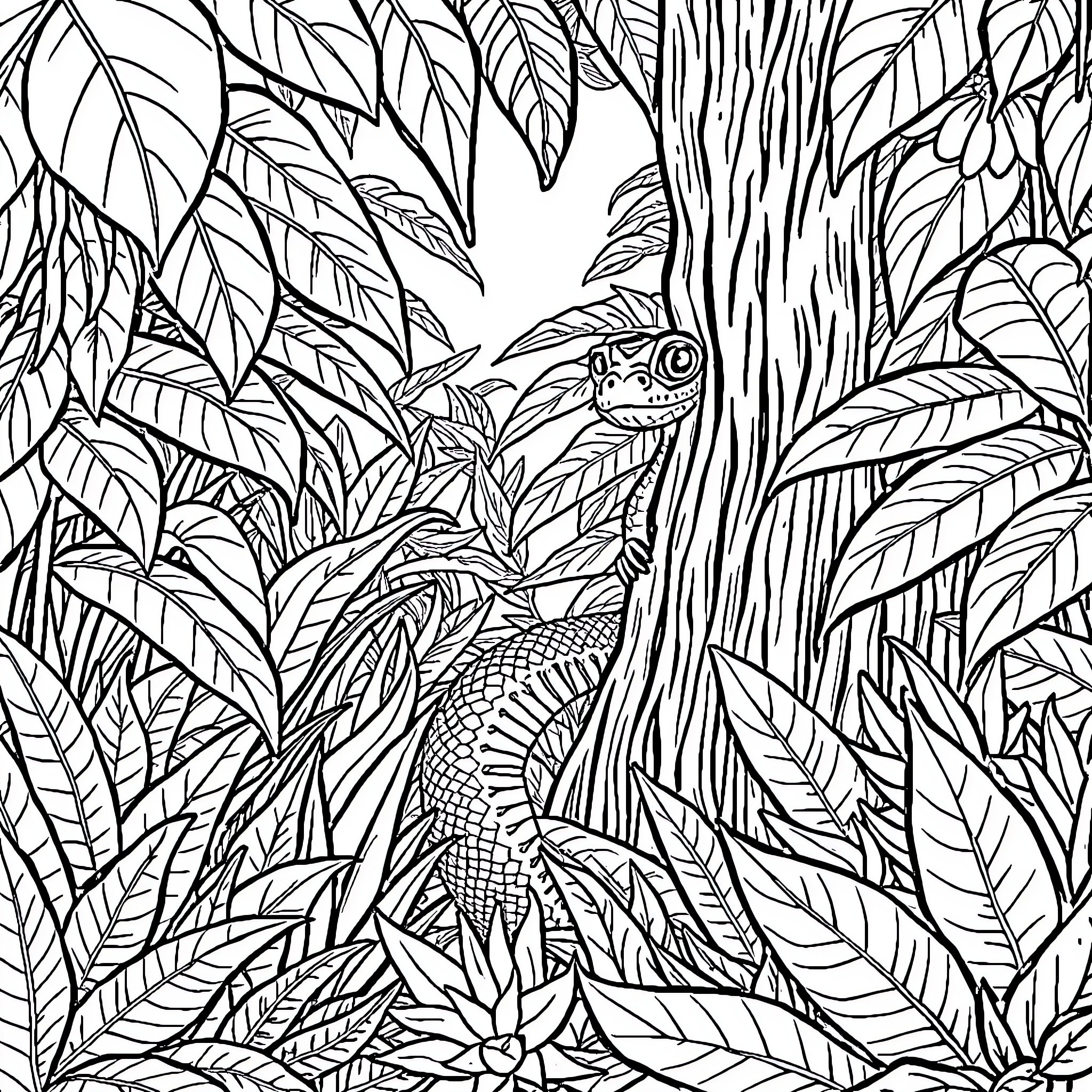 Snake slithering through dense jungle foliage Coloring Page (free black-and-white line drawing printable PDF for all, from beginners to advanced learners, including children, teens, adults, and seniors)