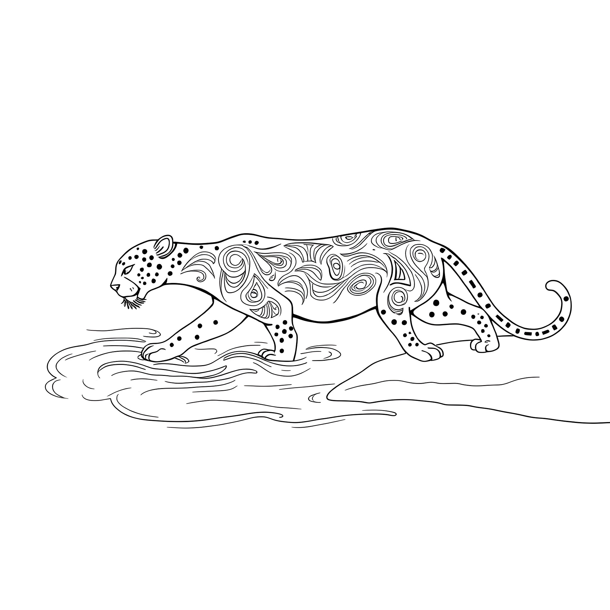 Mishipeshu hunting gracefully through the wilderness Coloring Page (free black-and-white line drawing printable PDF for all, from beginners to advanced learners, including children, teens, adults, and seniors)