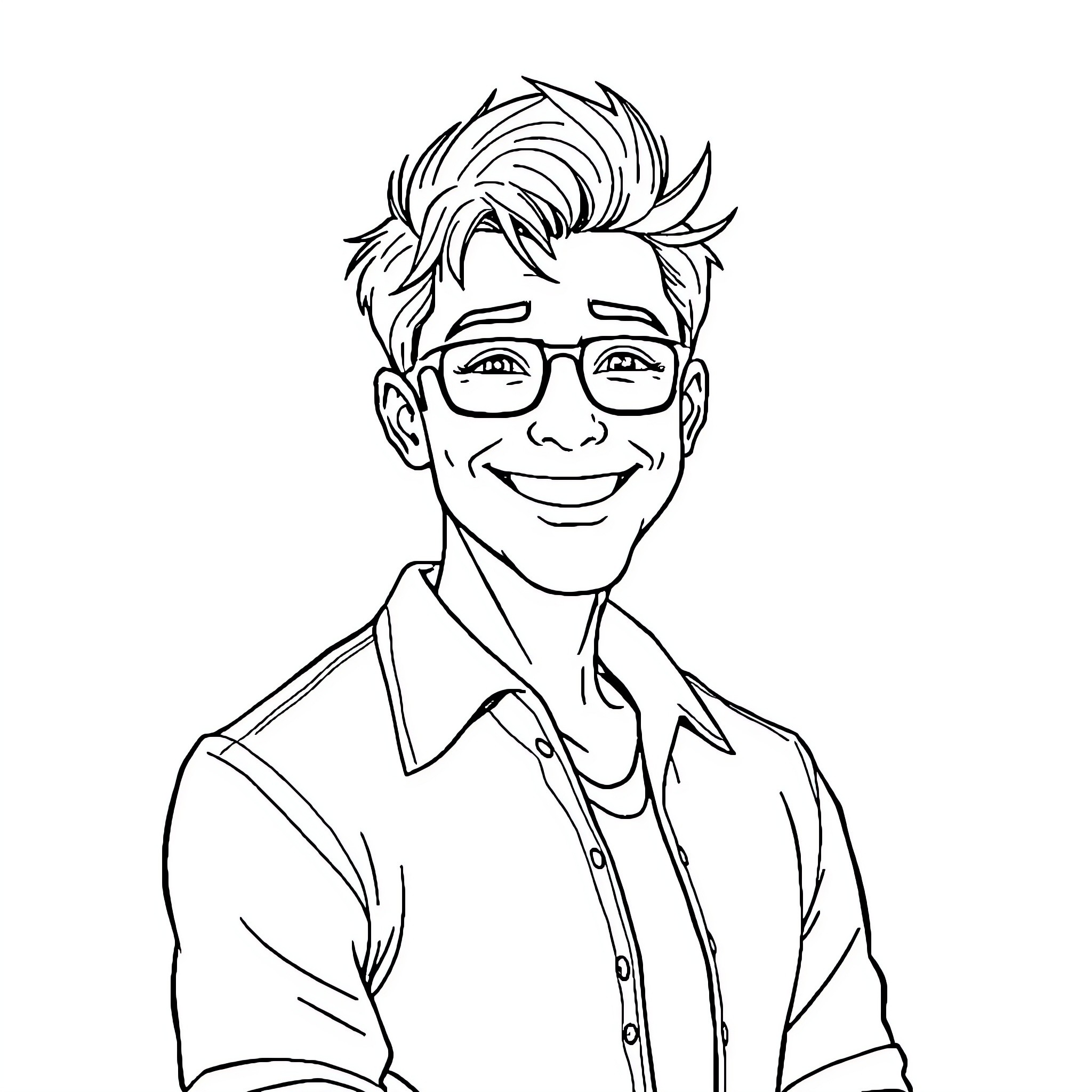 Adult man with glasses smiling happily Coloring Page (free black-and-white line drawing printable PDF for all, from beginners to advanced learners, including children, teens, adults, and seniors)