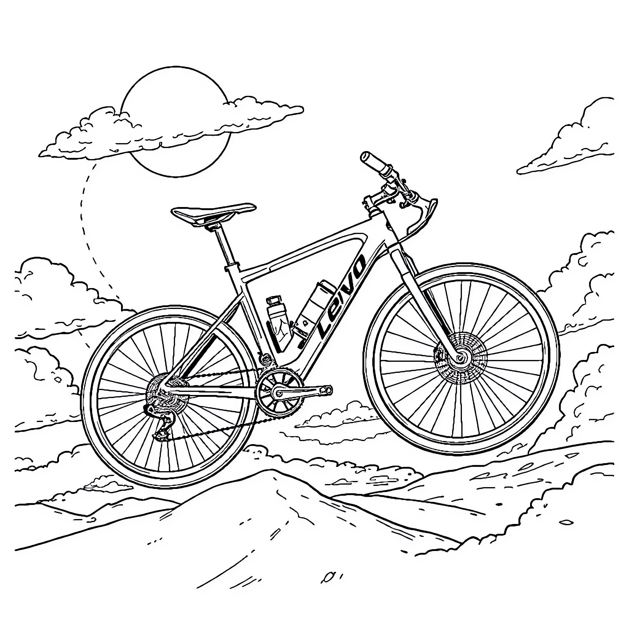 Bicycle riding in the countryside Coloring Page (free black-and-white line drawing printable PDF for all, from beginners to advanced learners, including children, teens, adults, and seniors)