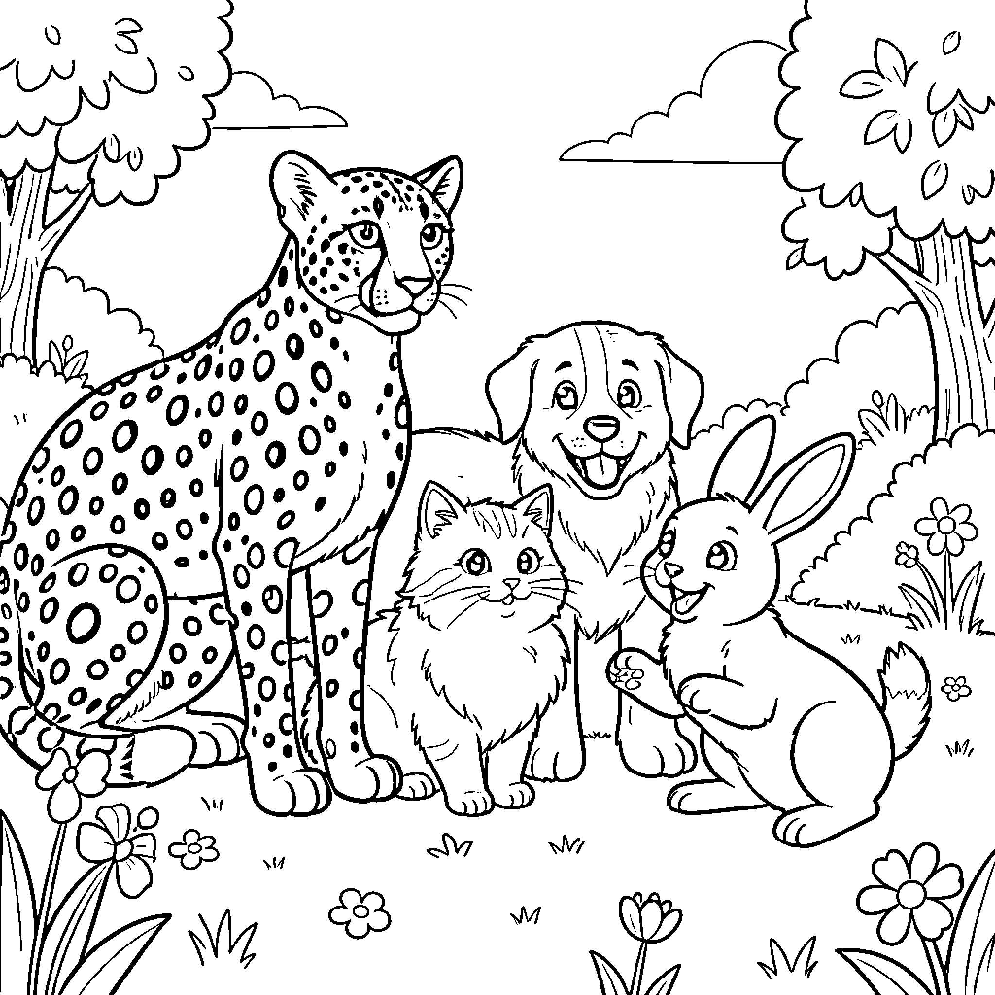 Animal Friends in the Forest Coloring Page (free black-and-white line drawing printable PDF for all, from beginners to advanced learners, including children, teens, adults, and seniors)