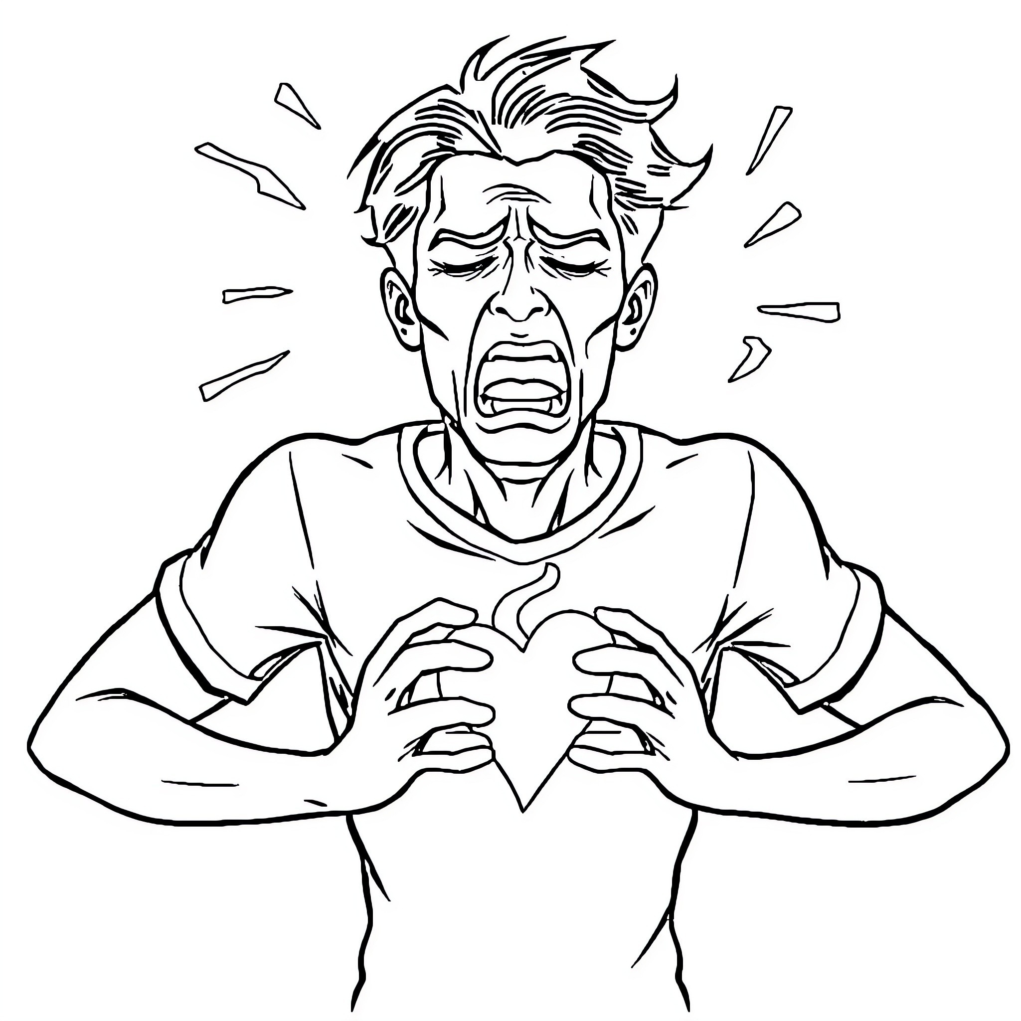 Stress: Frustrated Man Expressing Intense Emotion Coloring Page (free black-and-white line drawing printable PDF for all, from beginners to advanced learners, including children, teens, adults, and seniors)