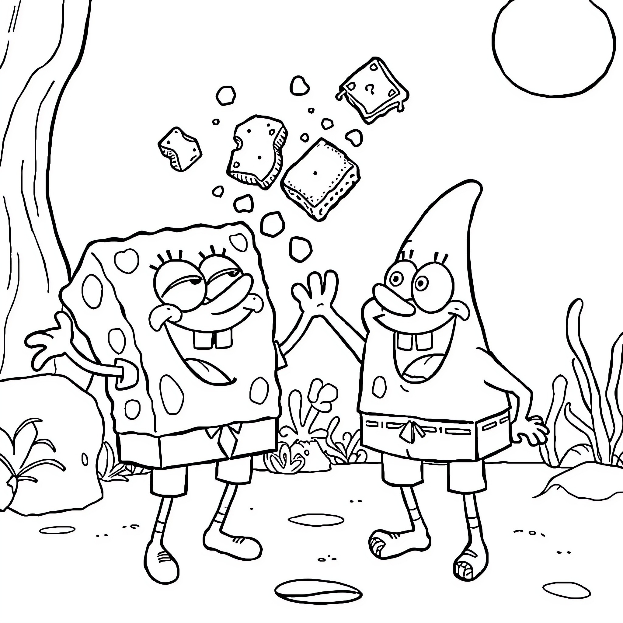 Spongebob and Patrick playing together underwater Coloring Page (free black-and-white line drawing printable PDF for all, from beginners to advanced learners, including children, teens, adults, and seniors)