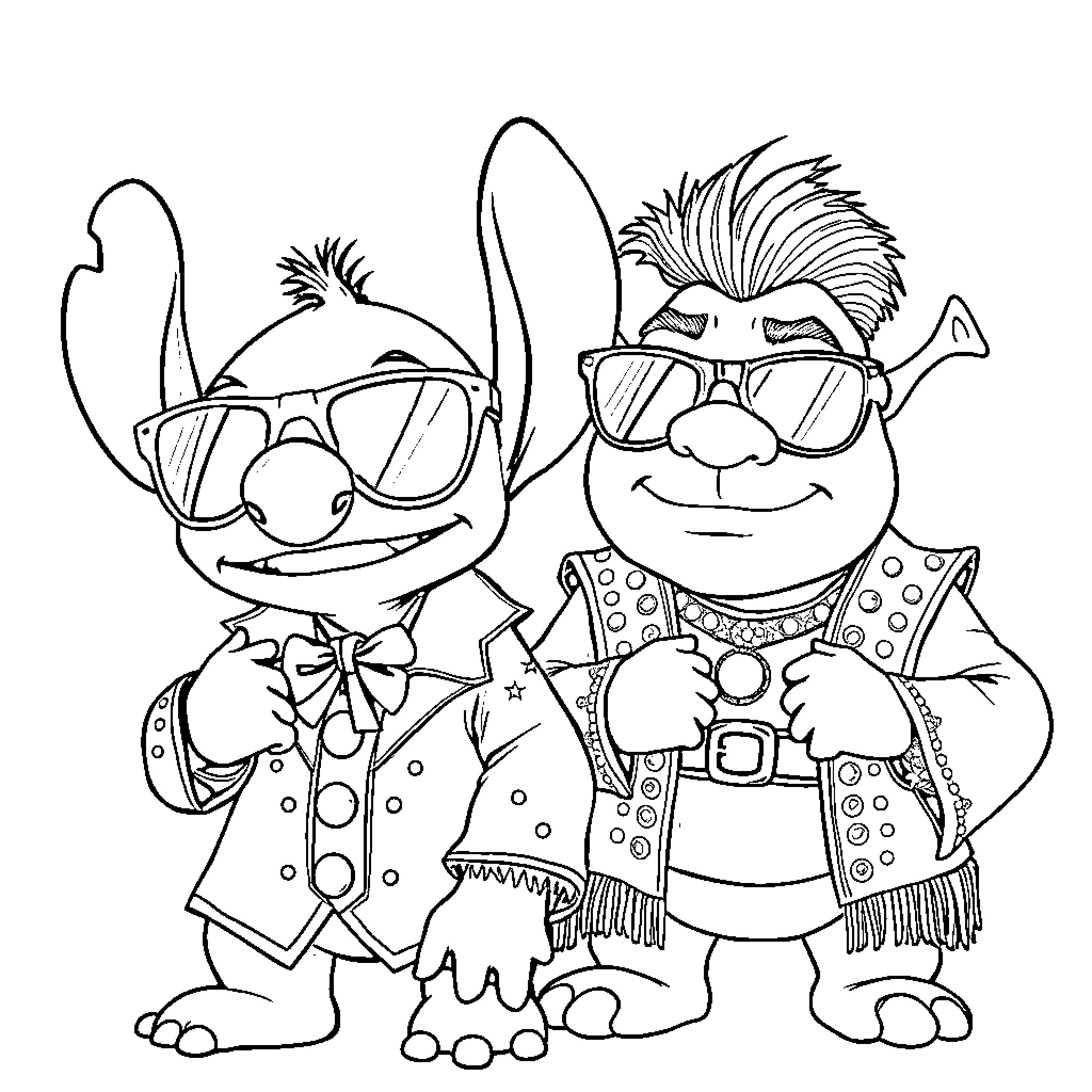 Stitch and Troll Wearing Stylish Outfits Coloring Page (free black-and-white line drawing printable PDF for all, from beginners to advanced learners, including children, teens, adults, and seniors)