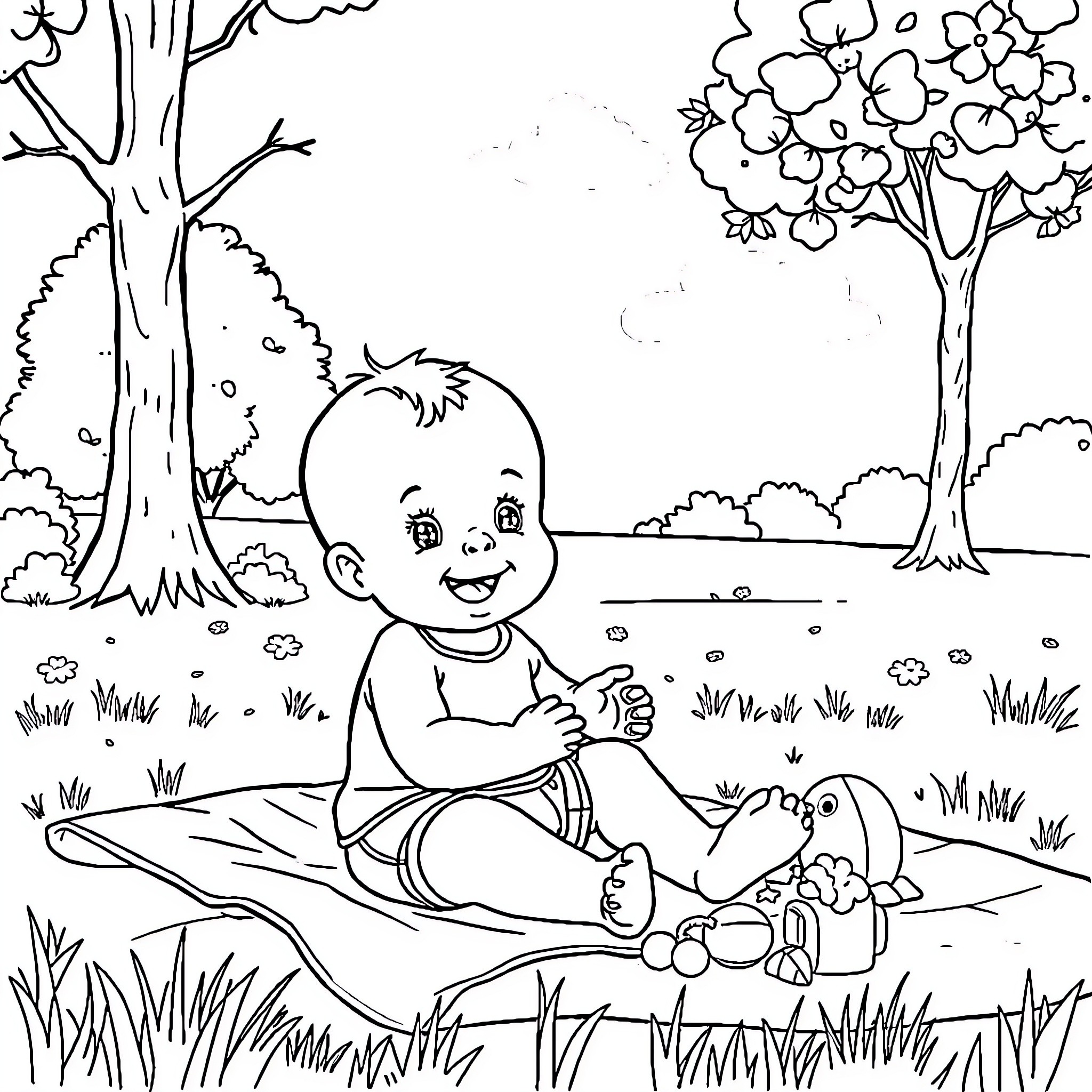 Baby playing happily in the park Coloring Page (free black-and-white line drawing printable PDF for all, from beginners to advanced learners, including children, teens, adults, and seniors)