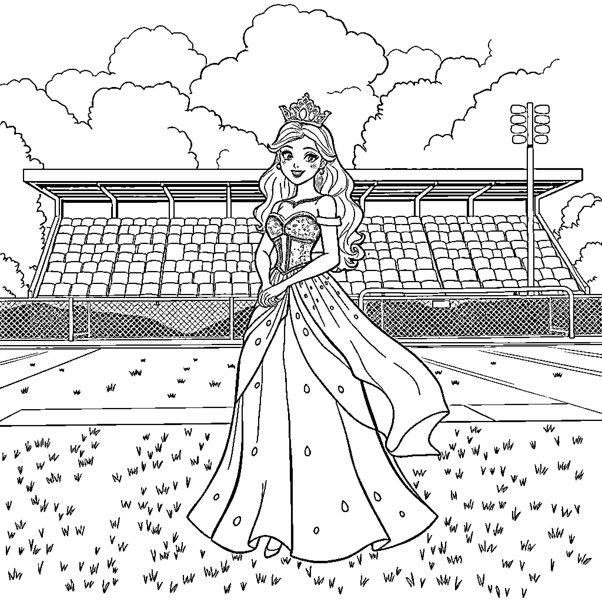 Princess exploring a grand palace courtyard Coloring Page (free black-and-white line drawing printable PDF for all, from beginners to advanced learners, including children, teens, adults, and seniors)