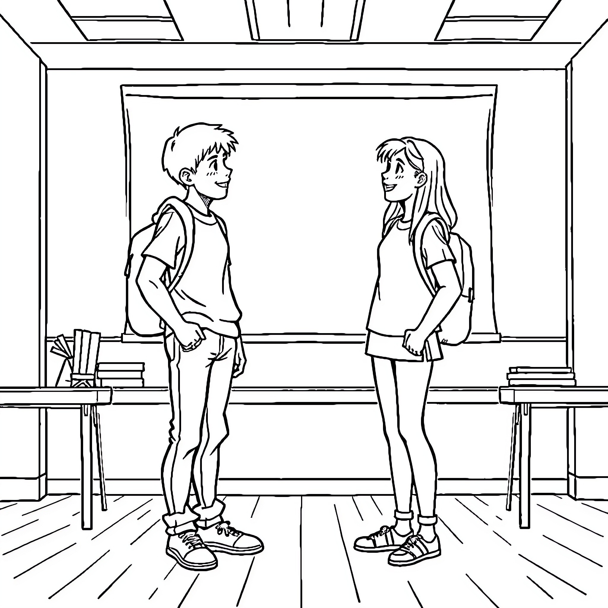 Student Interactions in the Classroom Coloring Page (free black-and-white line drawing printable PDF for all, from beginners to advanced learners, including children, teens, adults, and seniors)