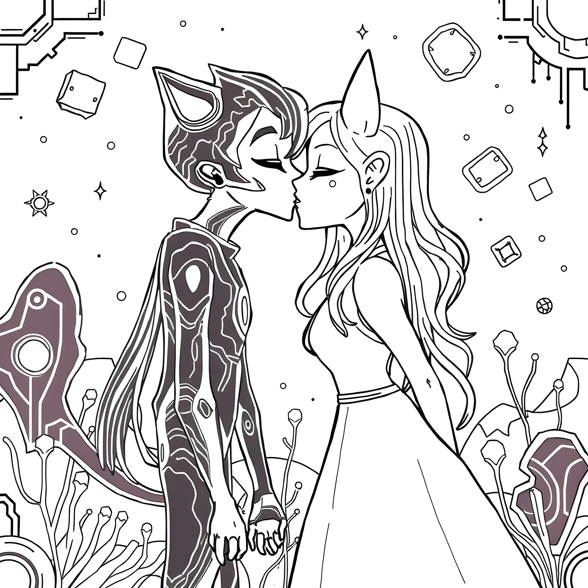 Pomni: Two otherworldly beings sharing an intimate moment Coloring Page (free black-and-white line drawing printable PDF for all, from beginners to advanced learners, including children, teens, adults, and seniors)