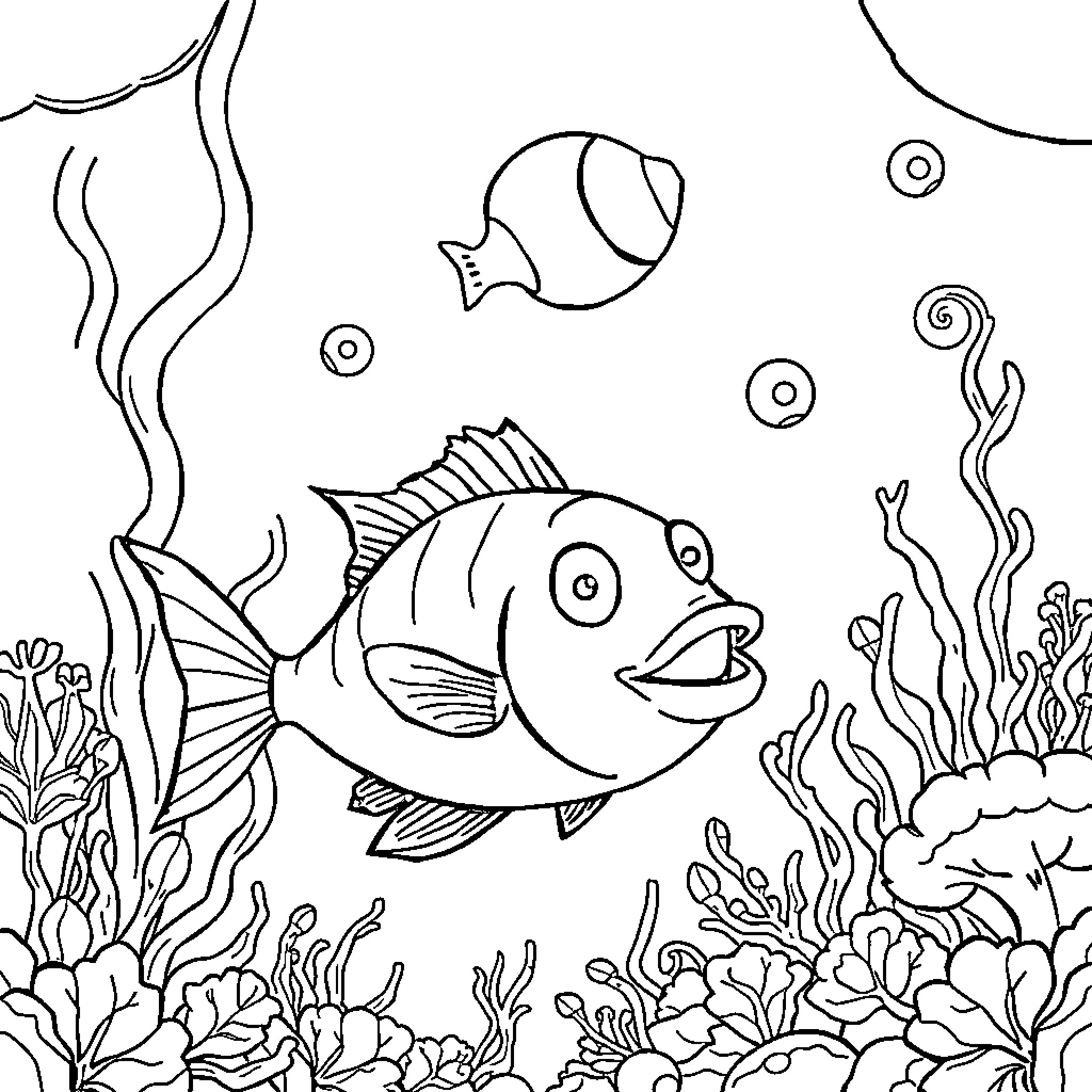 Fish swimming among underwater plants and bubbles Coloring Page (free black-and-white line drawing printable PDF for all, from beginners to advanced learners, including children, teens, adults, and seniors)