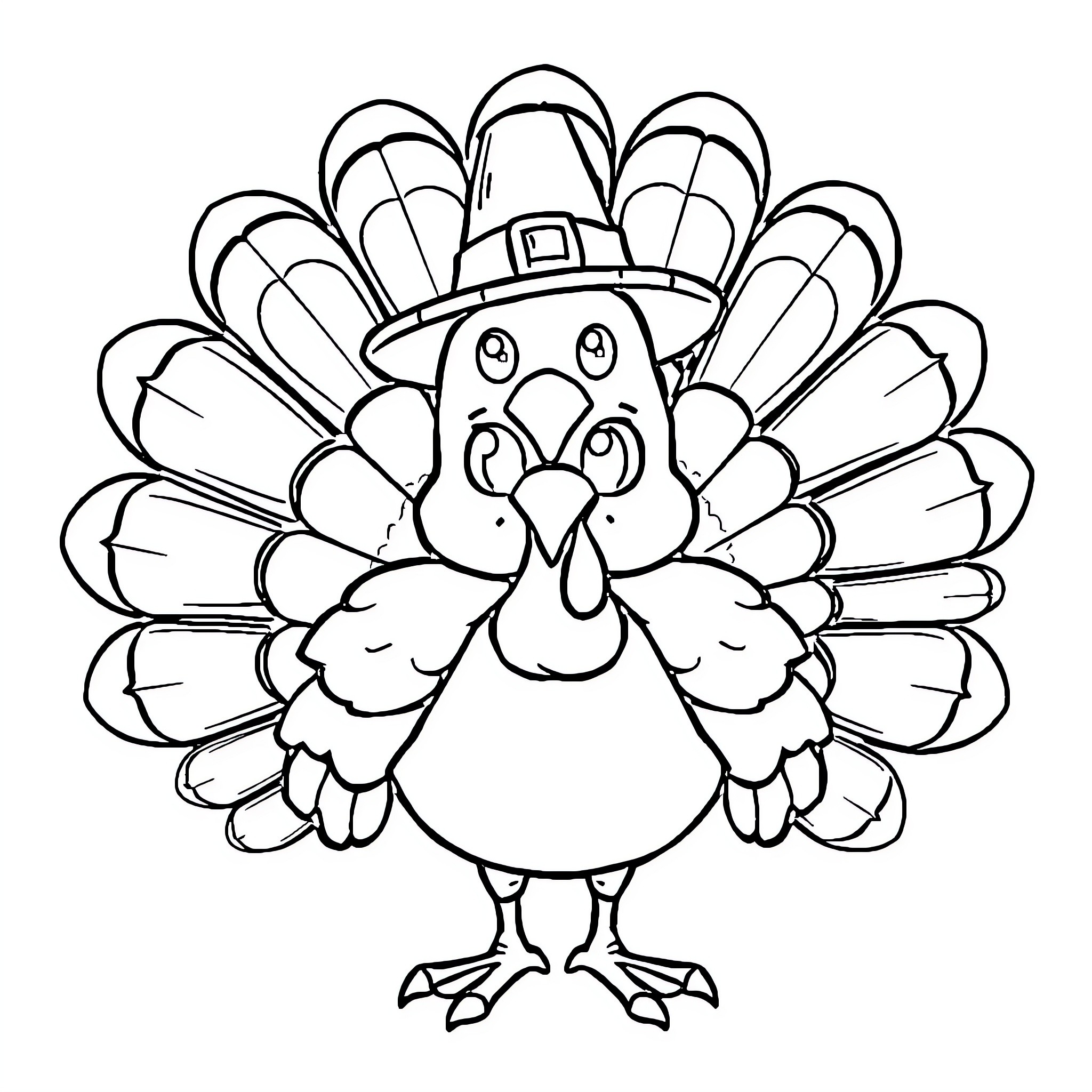 Turkey wearing Pilgrim hat in playful pose Coloring Page (free black-and-white line drawing printable PDF for all, from beginners to advanced learners, including children, teens, adults, and seniors)
