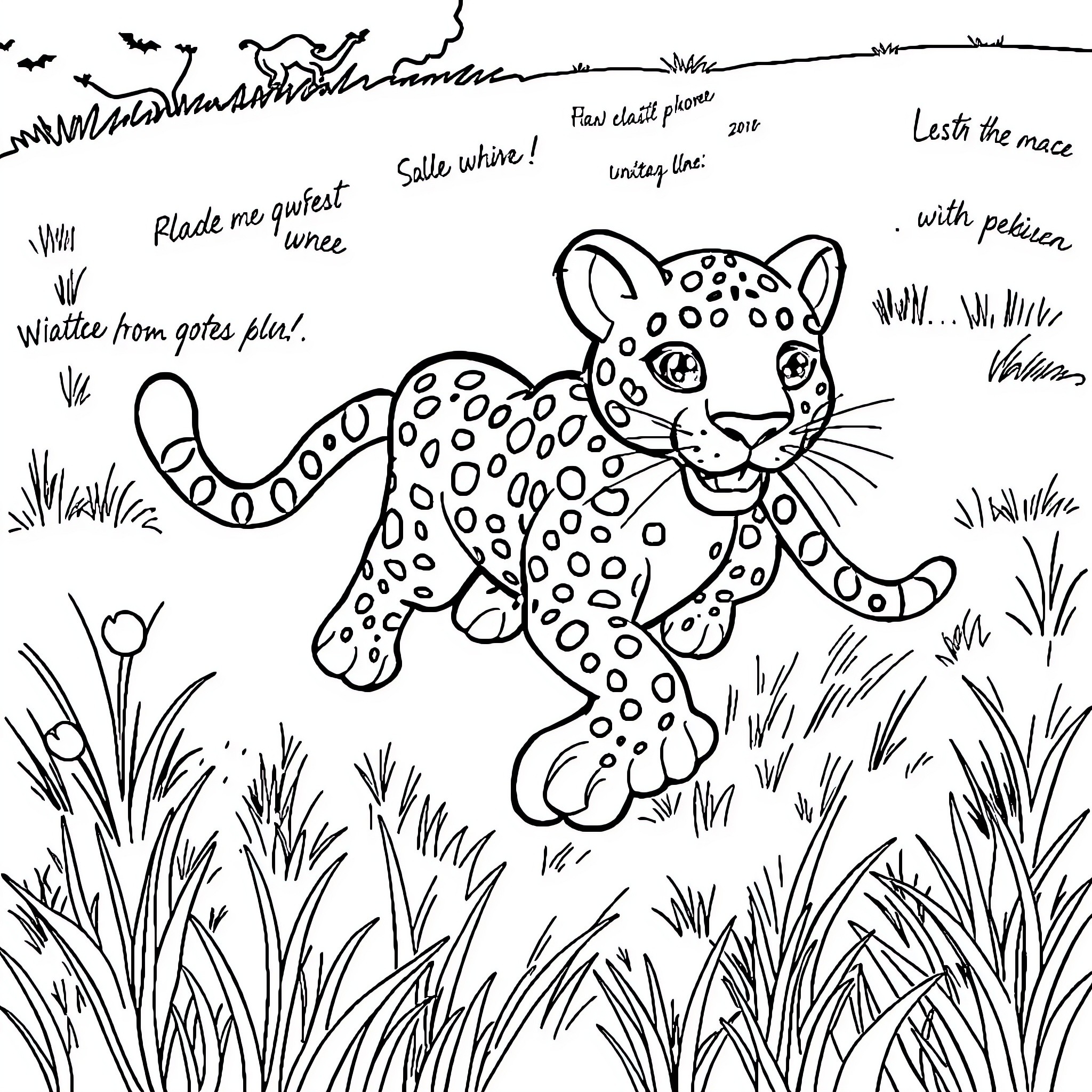 Leopard playfully exploring the wilderness Coloring Page (free black-and-white line drawing printable PDF for all, from beginners to advanced learners, including children, teens, adults, and seniors)
