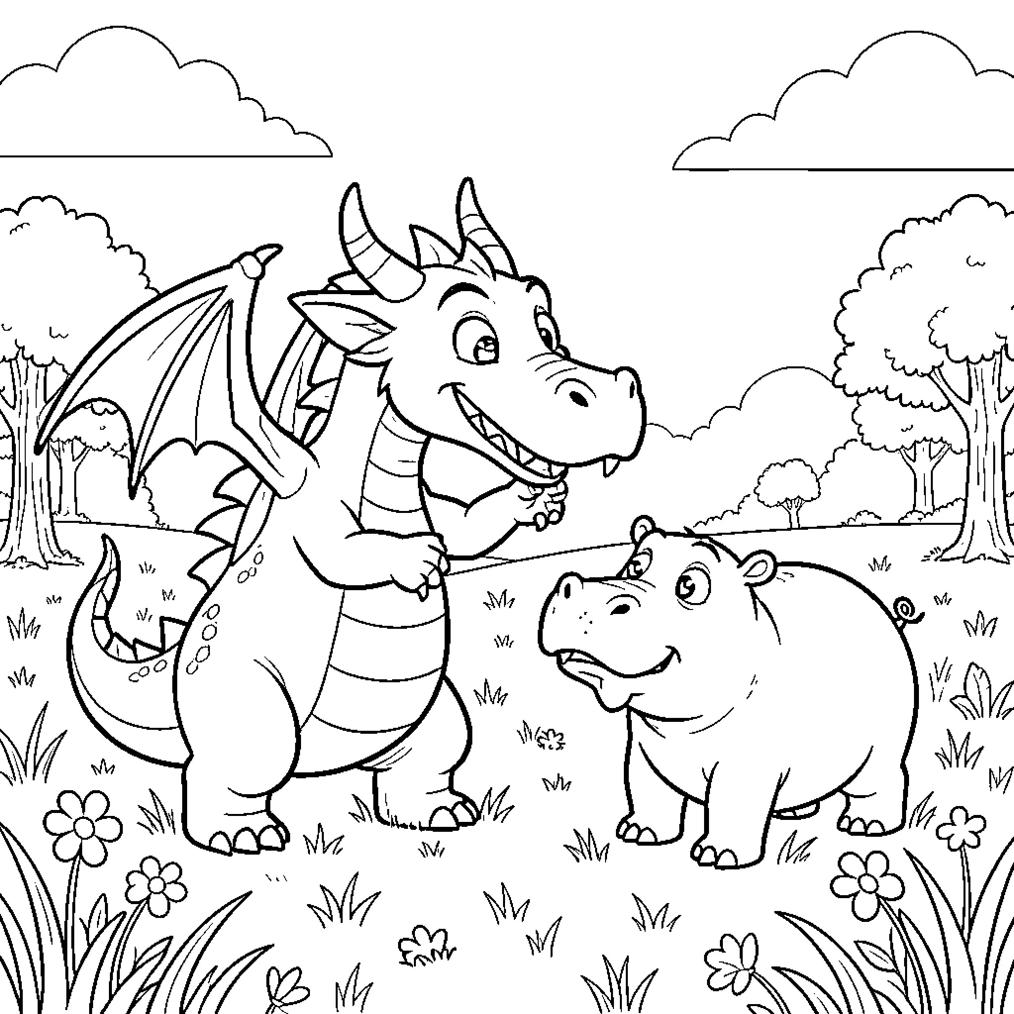 Desdentao's Playful Dragon and Hippo Encounter Coloring Page (free black-and-white line drawing printable PDF for all, from beginners to advanced learners, including children, teens, adults, and seniors)