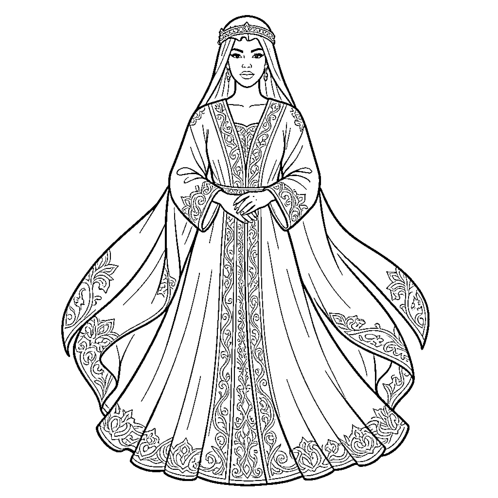 Rihanna wearing a long ornate royal gown Coloring Page (free black-and-white line drawing printable PDF for all, from beginners to advanced learners, including children, teens, adults, and seniors)