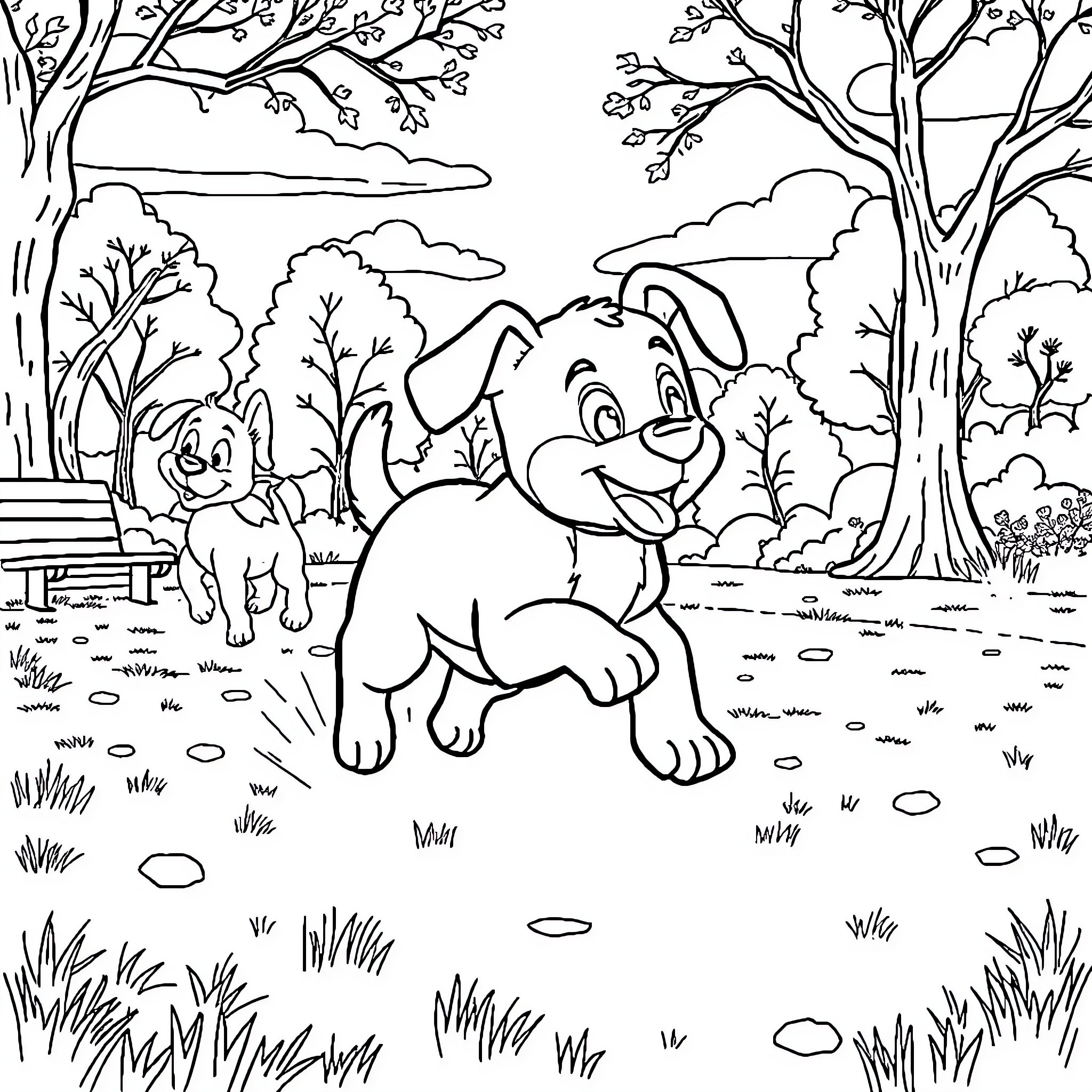 Bluee Puppies Playing in the Peaceful Park Coloring Page (free black-and-white line drawing printable PDF for all, from beginners to advanced learners, including children, teens, adults, and seniors)