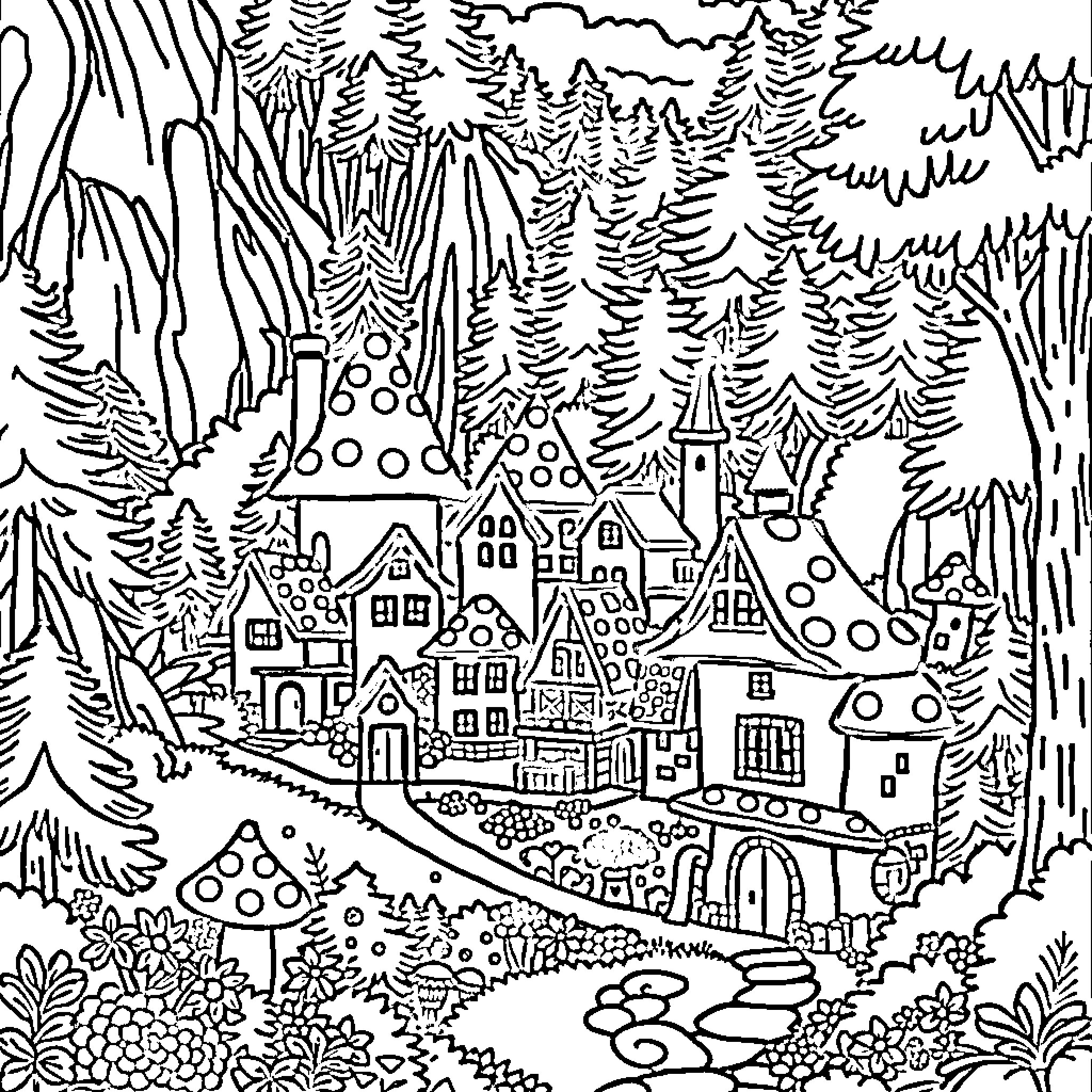 Mushroom village nestled in the enchanted forest Coloring Page (free black-and-white line drawing printable PDF for all, from beginners to advanced learners, including children, teens, adults, and seniors)