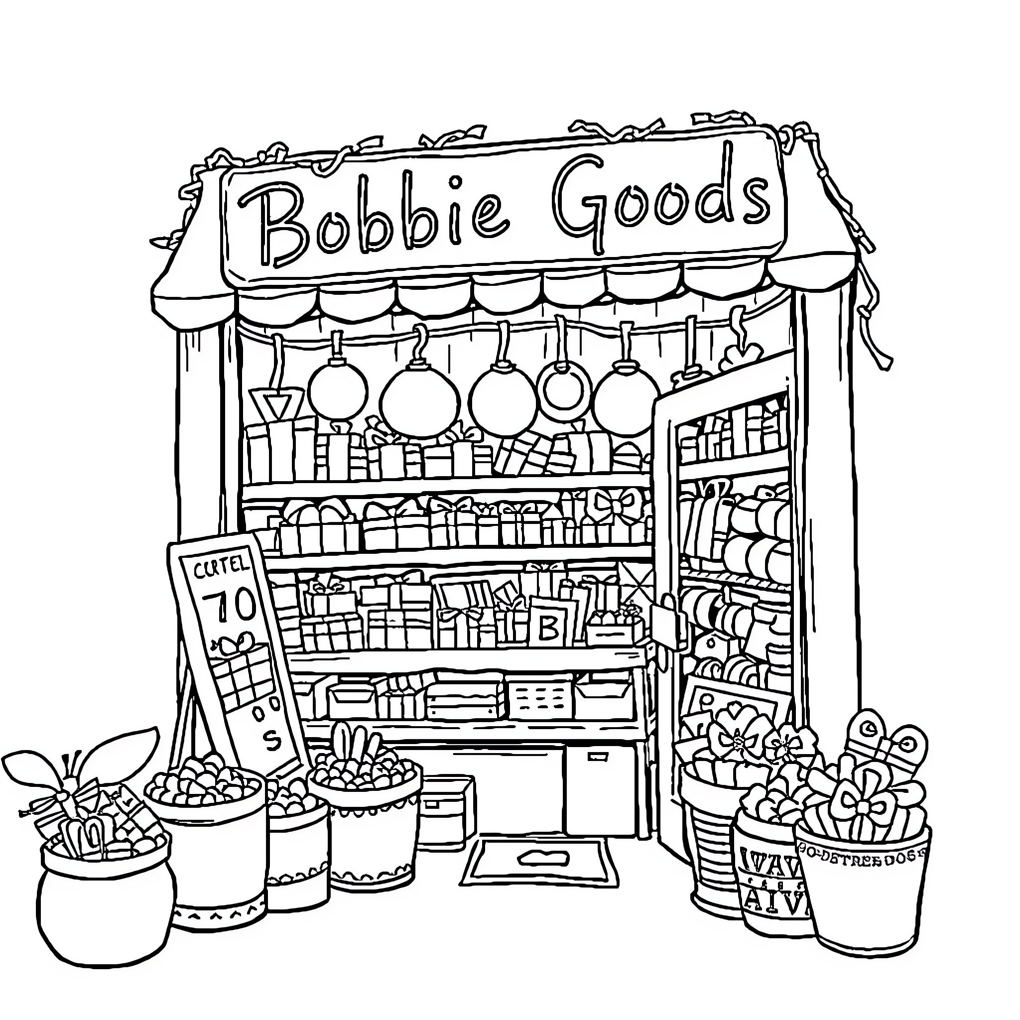 Bobbie Goods - Busy Local Goods Shop Coloring Page (free black-and-white line drawing printable PDF for all, from beginners to advanced learners, including children, teens, adults, and seniors)