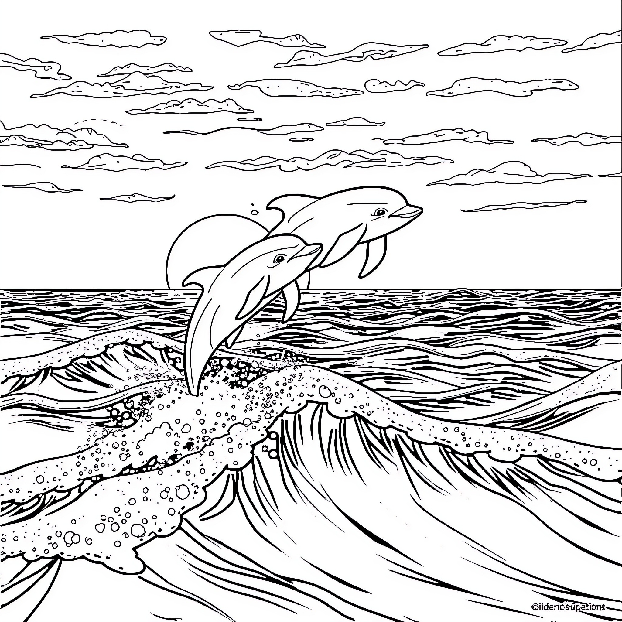 Dolphin jumping over ocean waves under cloudy sky Coloring Page (free black-and-white line drawing printable PDF for all, from beginners to advanced learners, including children, teens, adults, and seniors)