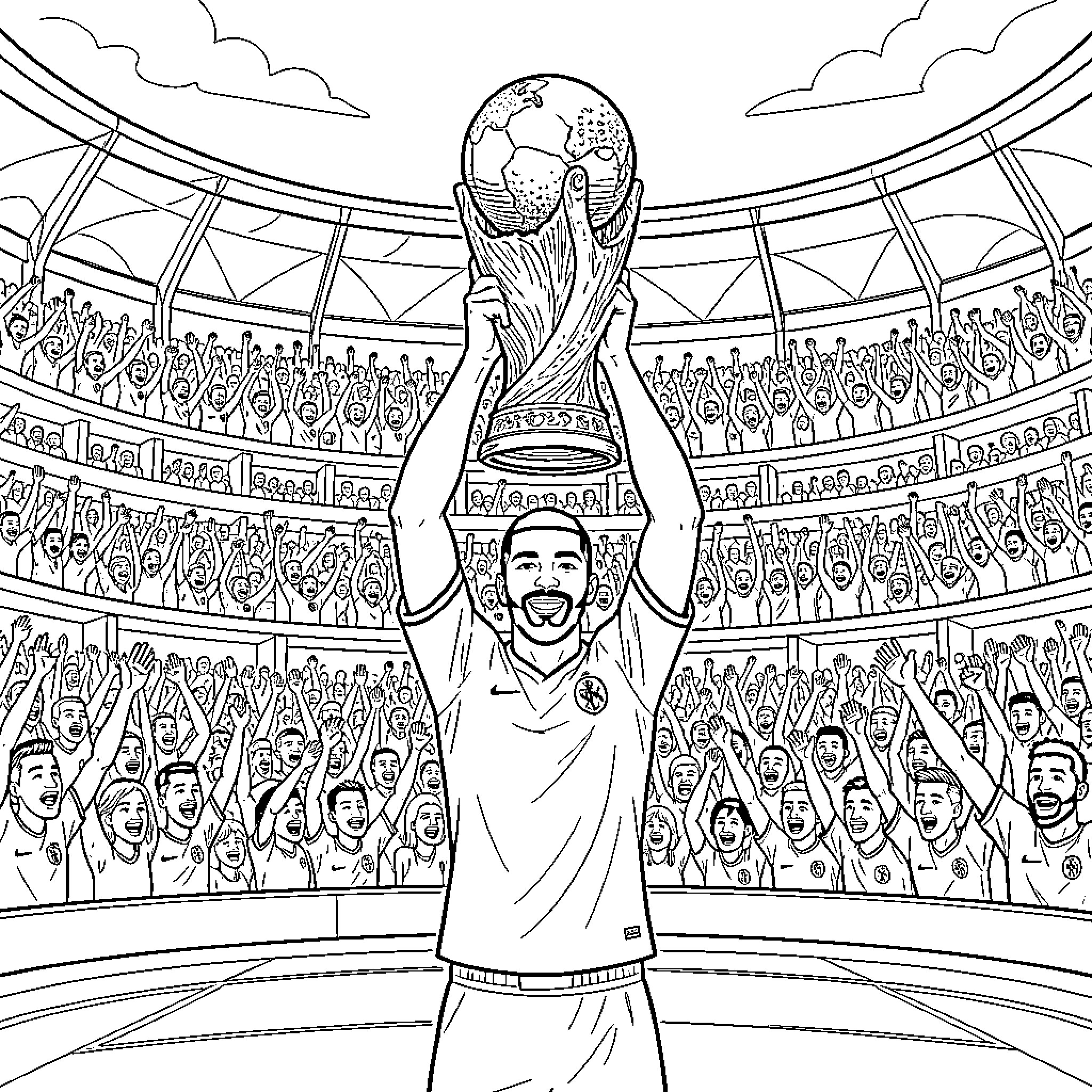 Trophy being lifted high by a celebrating athlete Coloring Page (free black-and-white line drawing printable PDF for all, from beginners to advanced learners, including children, teens, adults, and seniors)