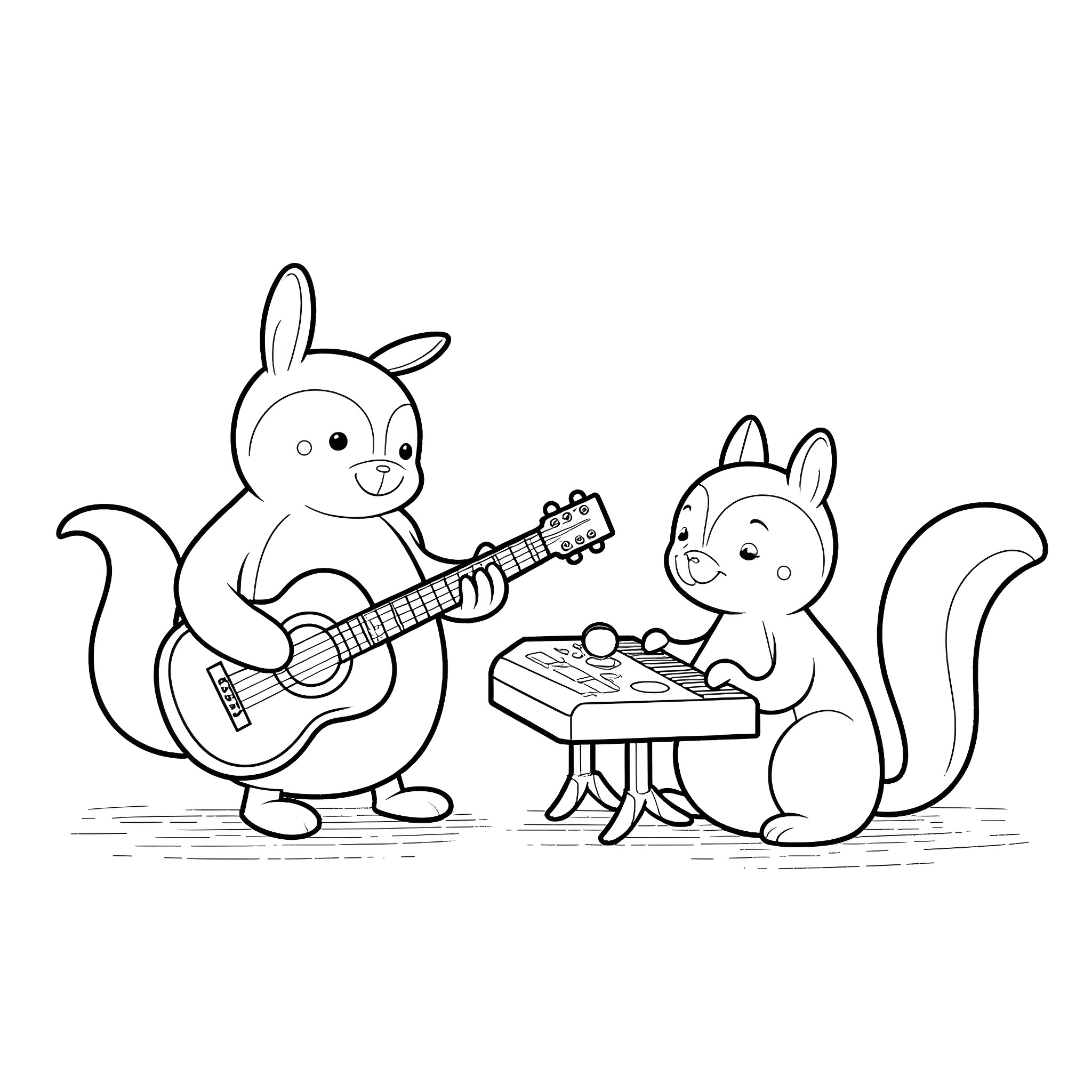 Penguin duo playing musical instruments happily Coloring Page (free black-and-white line drawing printable PDF for all, from beginners to advanced learners, including children, teens, adults, and seniors)