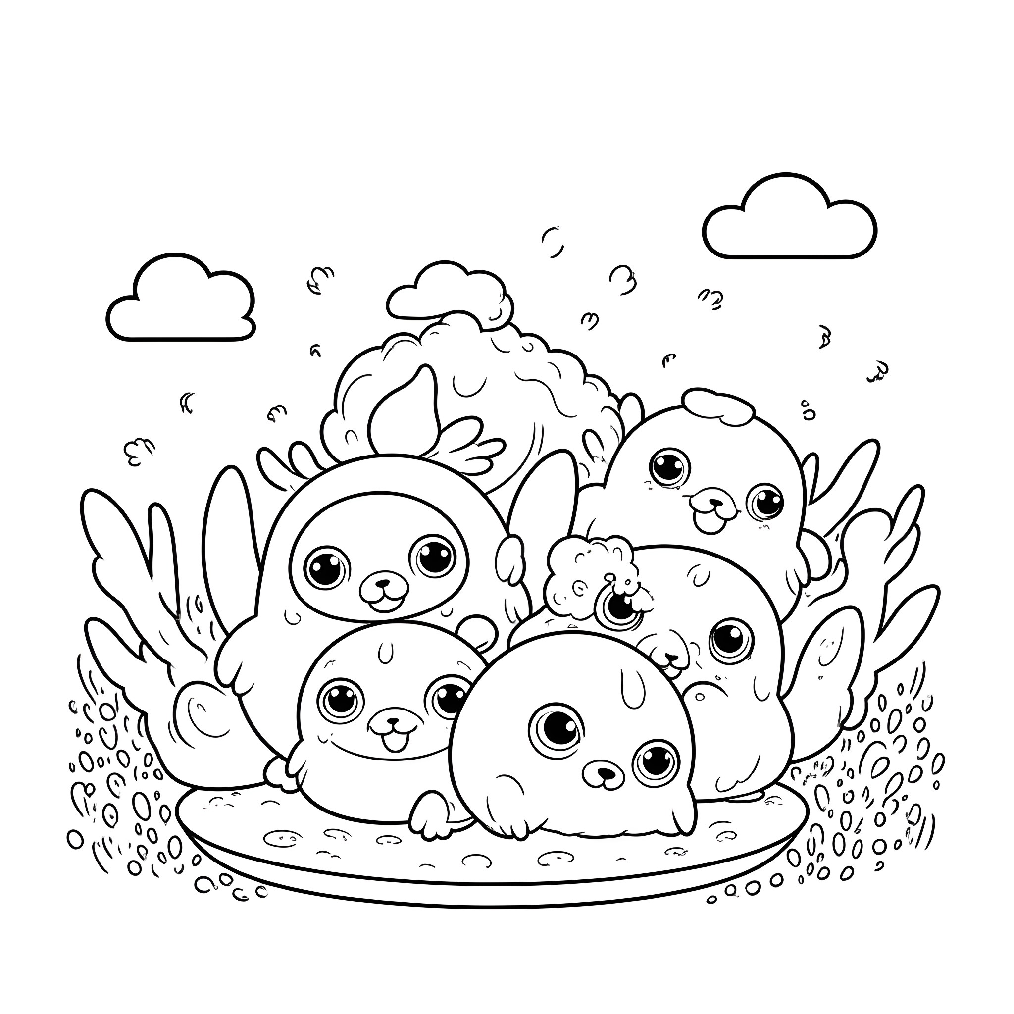 Bugsnax: Adorable creatures playing in the field Coloring Page (free black-and-white line drawing printable PDF for all, from beginners to advanced learners, including children, teens, adults, and seniors)