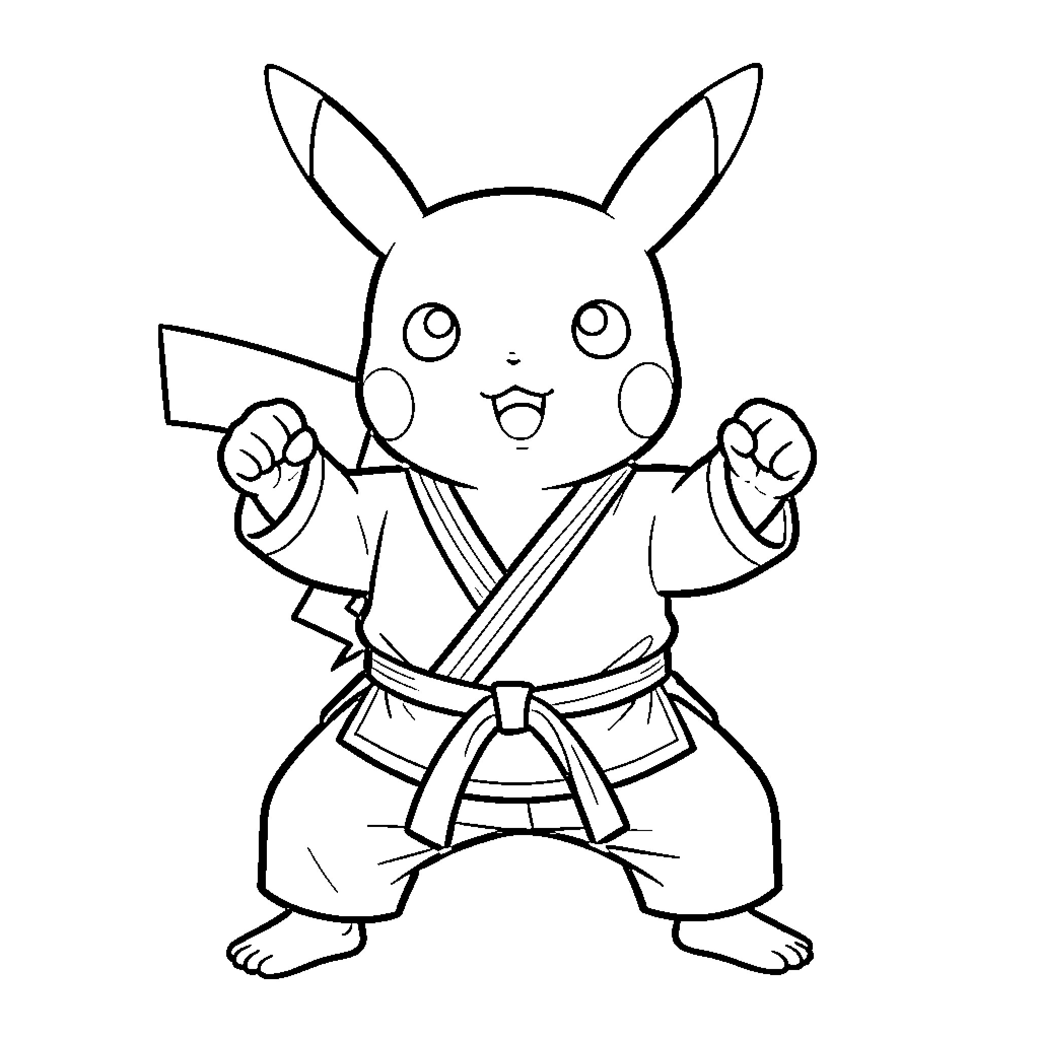 Pikachu practicing martial arts Coloring Page (free black-and-white line drawing printable PDF for all, from beginners to advanced learners, including children, teens, adults, and seniors)