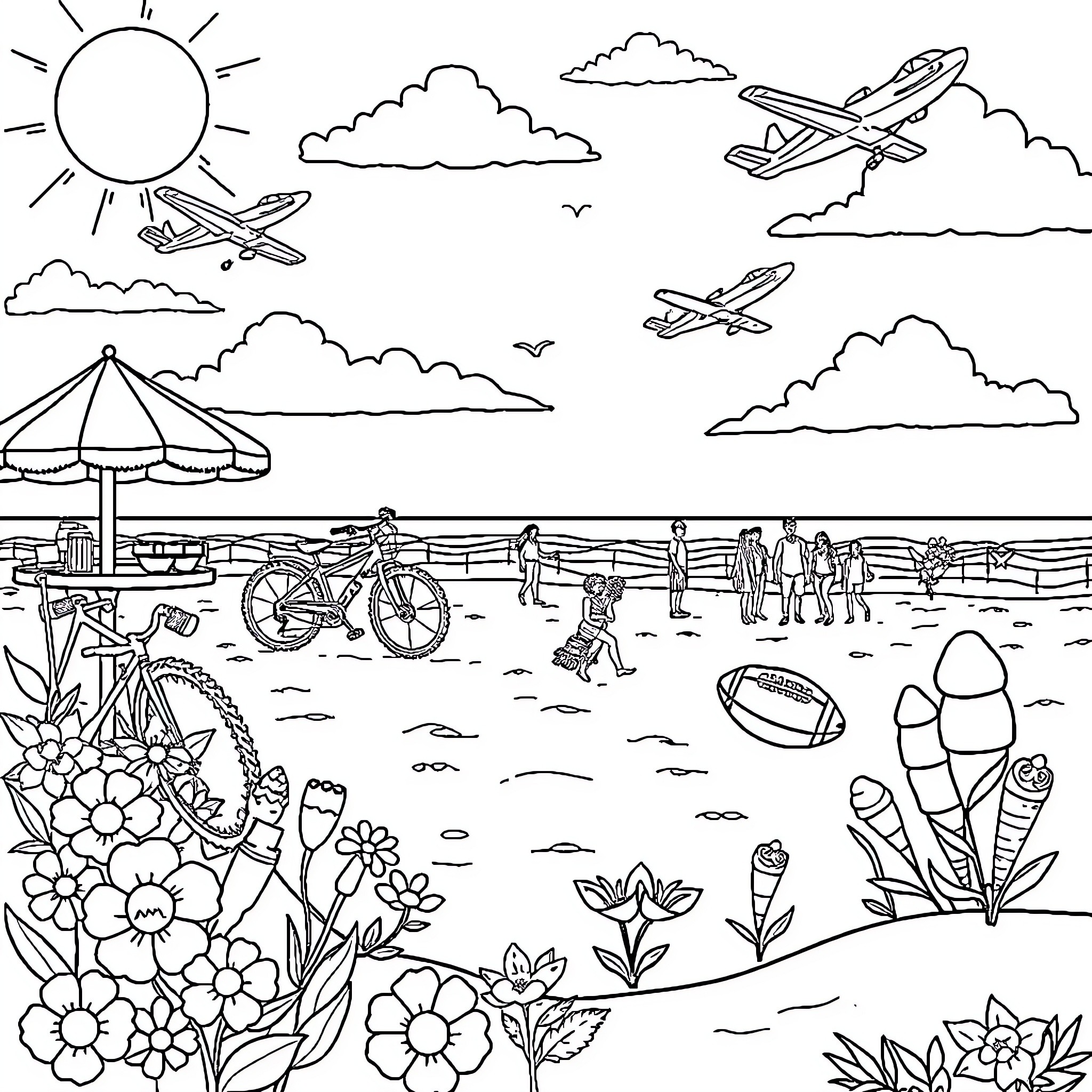 Holiday at the Beach with Airplanes Overhead Coloring Page (free black-and-white line drawing printable PDF for all, from beginners to advanced learners, including children, teens, adults, and seniors)