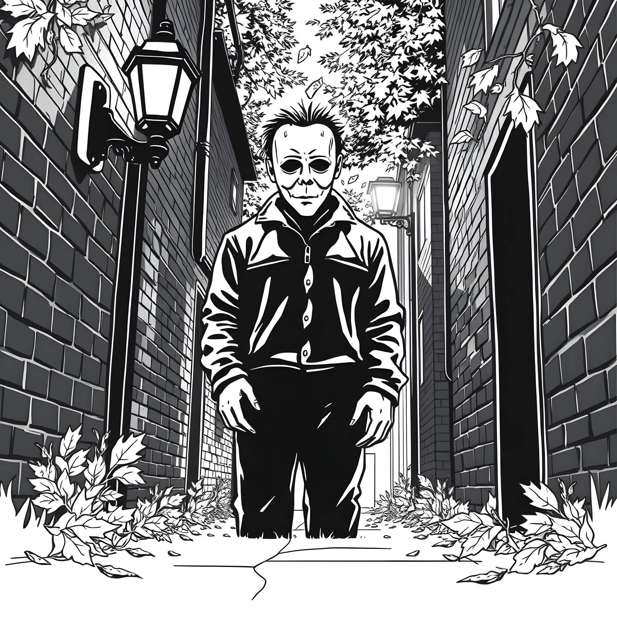 Michael Myers stalking in an eerie alleyway Coloring Page (free black-and-white line drawing printable PDF for all, from beginners to advanced learners, including children, teens, adults, and seniors)