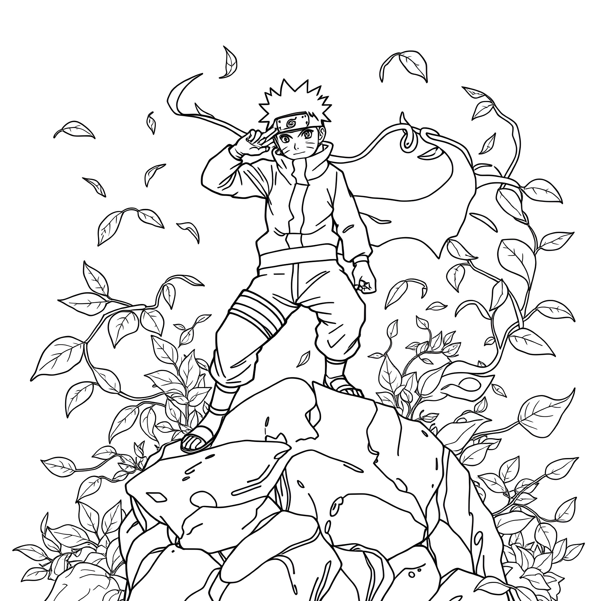 Naruto standing proudly amidst a nature scene Coloring Page (free black-and-white line drawing printable PDF for all, from beginners to advanced learners, including children, teens, adults, and seniors)